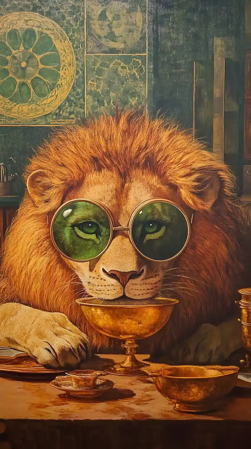 Lion with round glasses drinking from a golden bowl