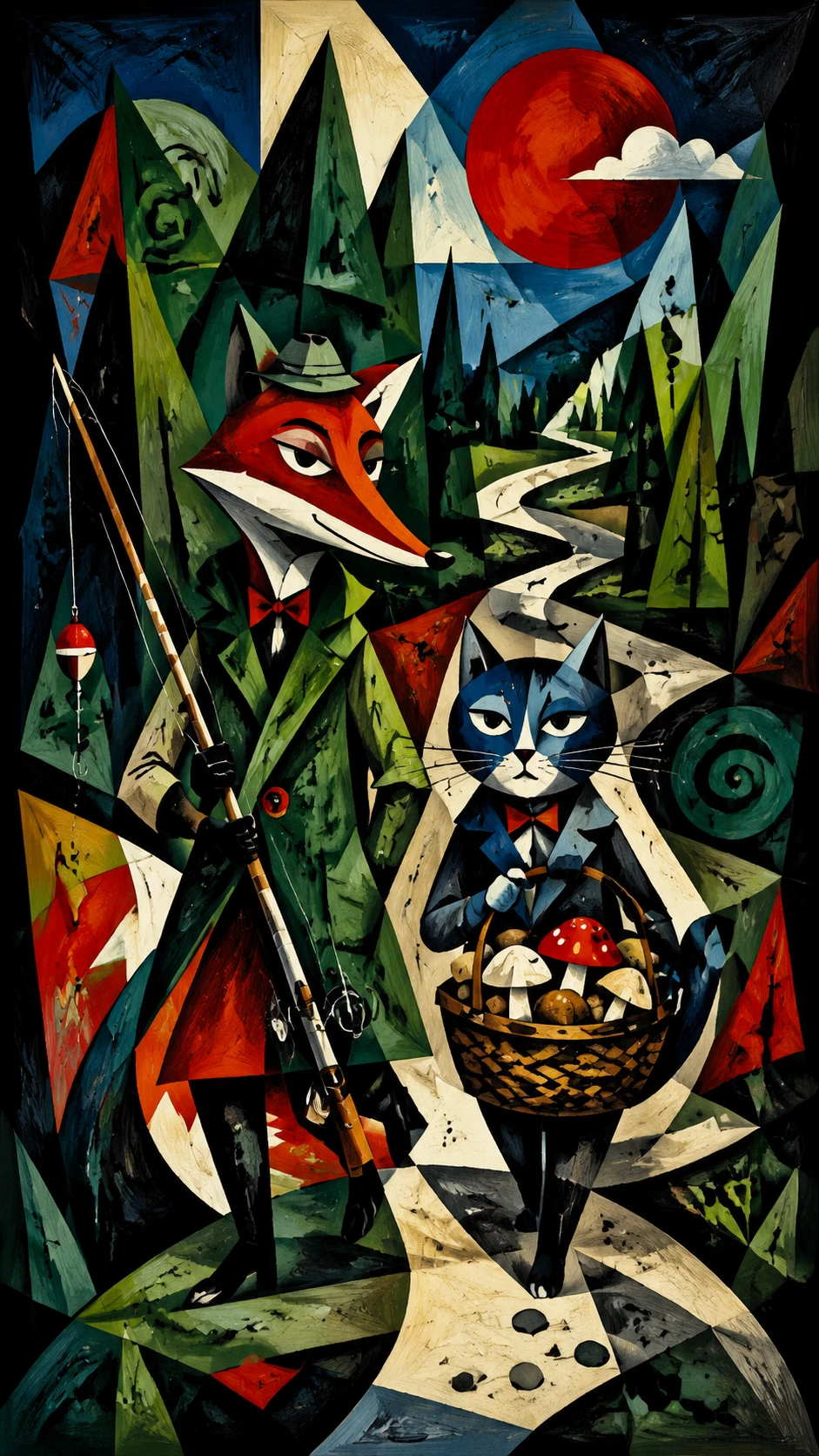 Surreal fox and cat walking together along a forest path