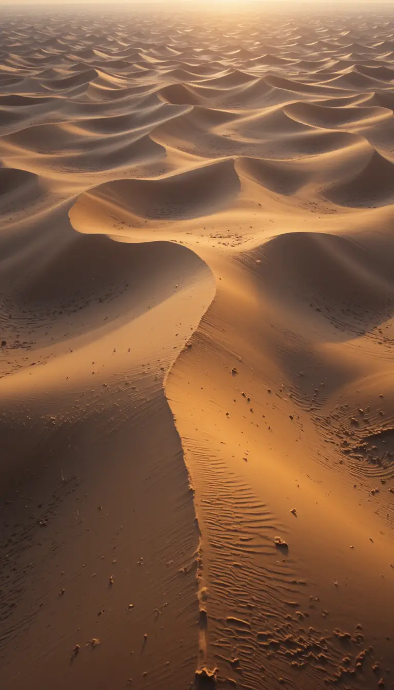 Aerial view of desert sand dunes in soft golden light