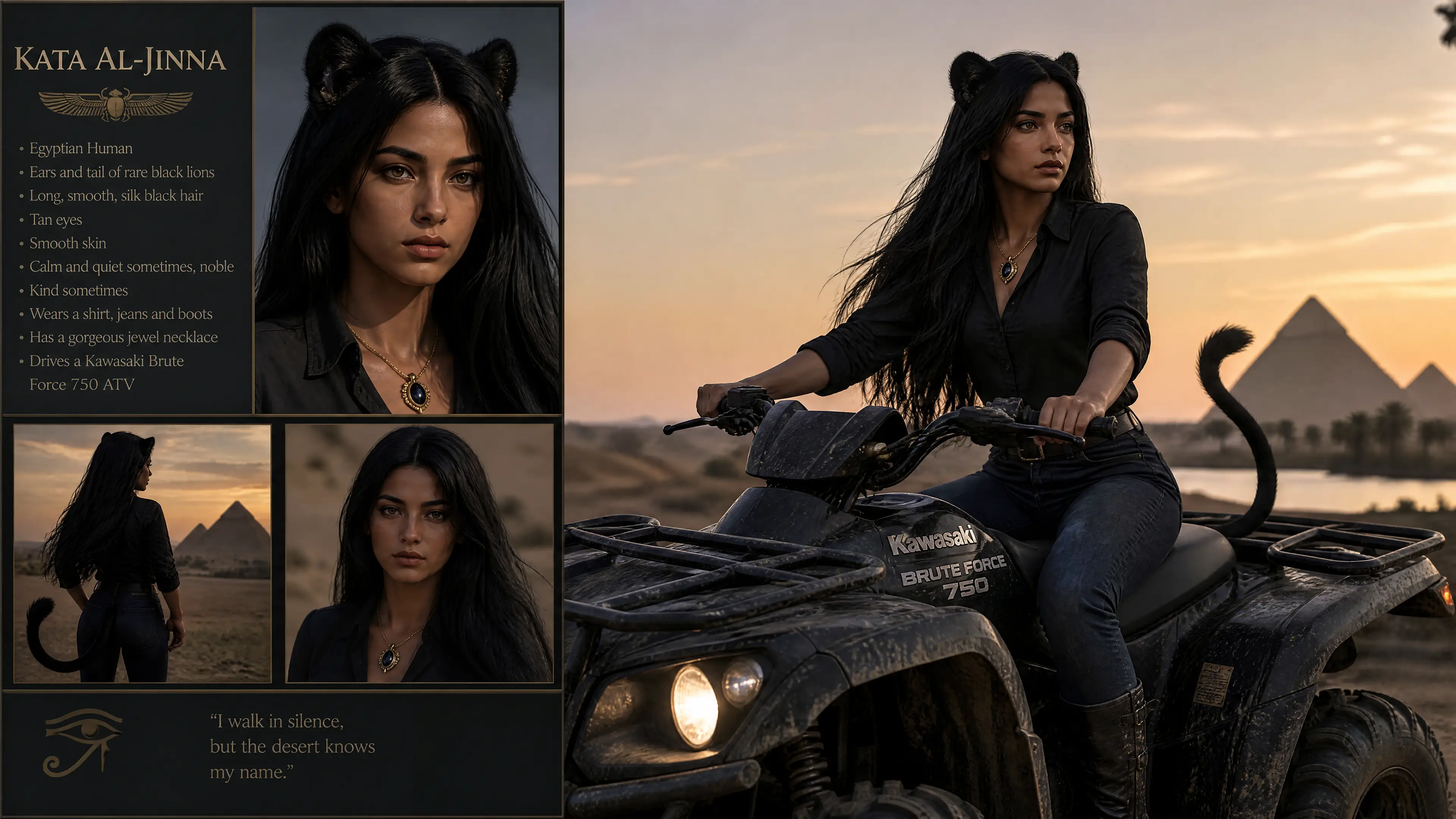 Calm fantasy woman with lion traits riding a rugged atv