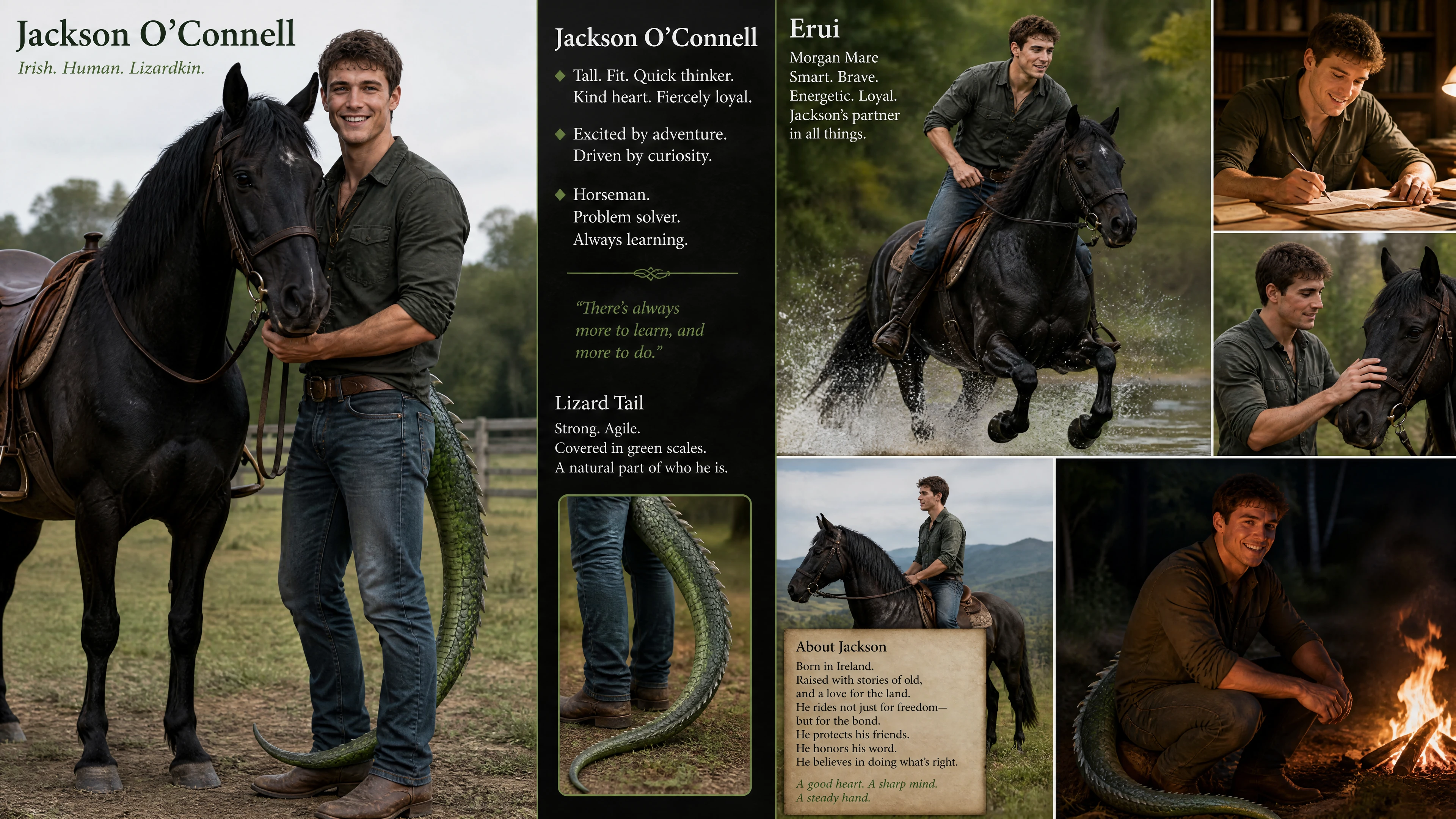 Tall Irish man with lizard tail riding a morgan mare