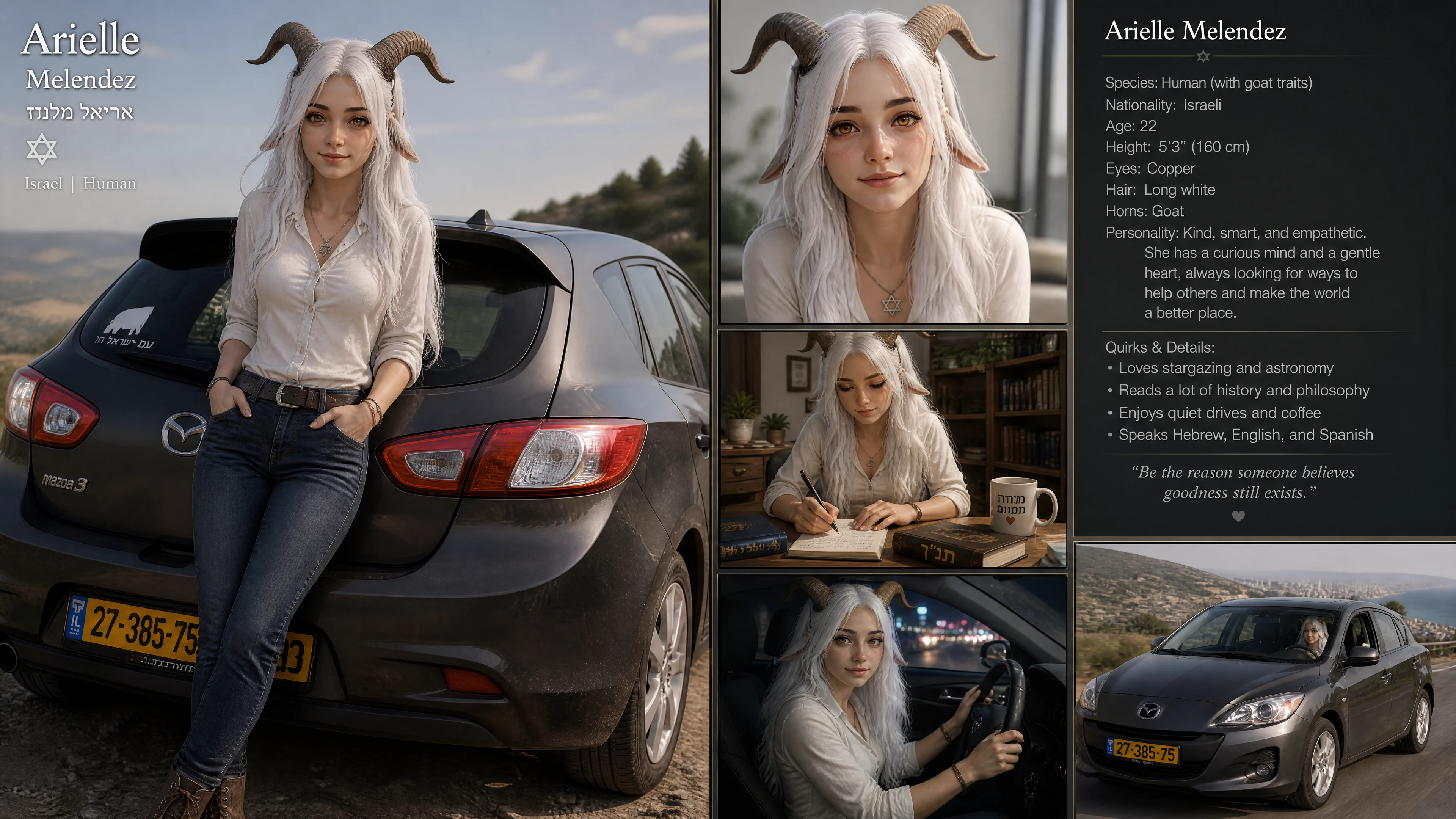 Donna fantasy con corna di capra che guida una piccola auto hatchback