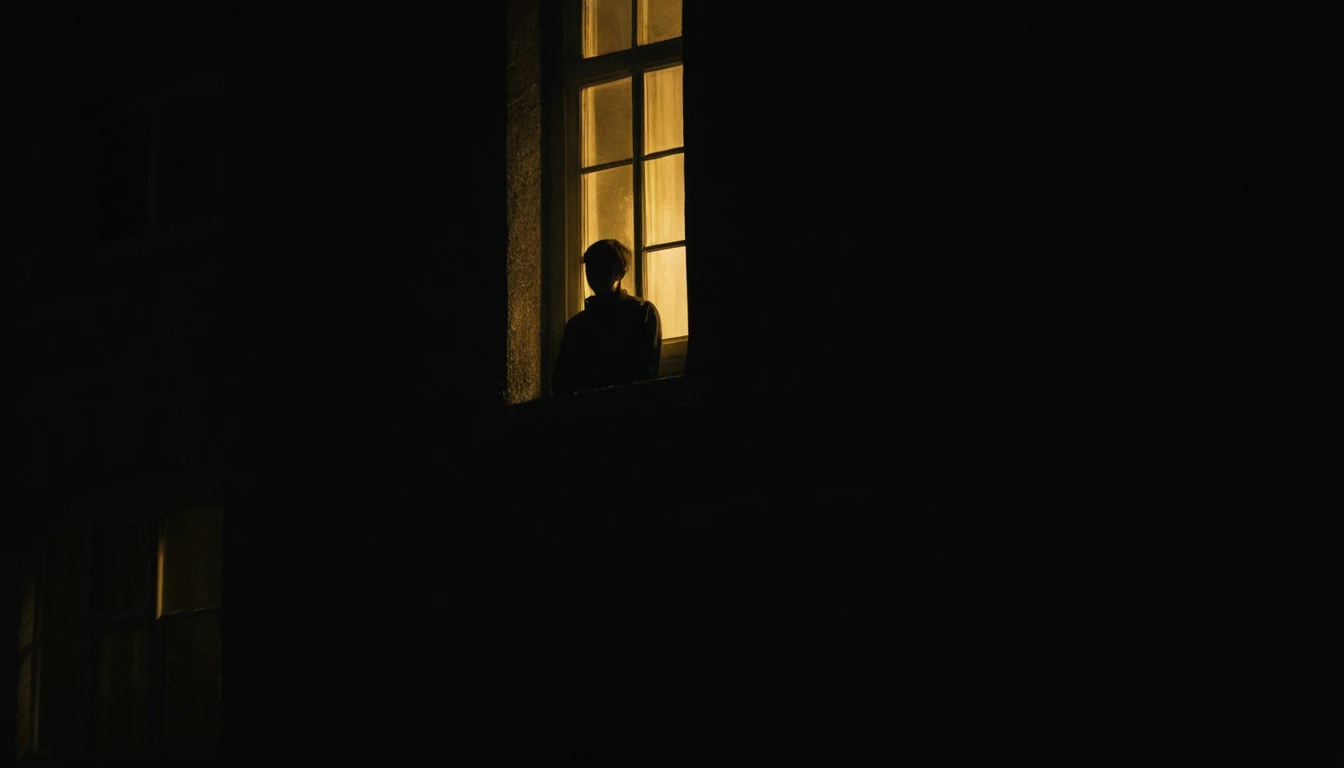 Dark figure watching a dimly lit window at night