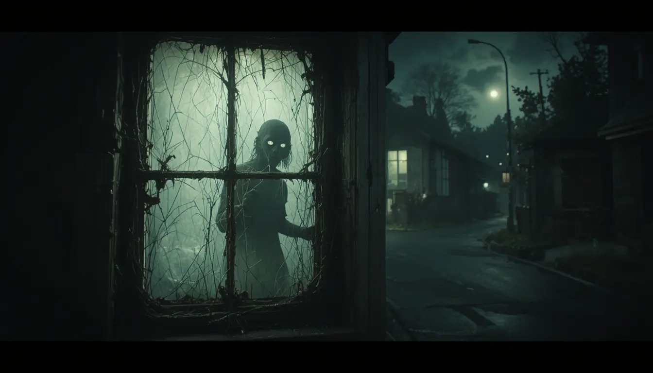 Monstrous silhouette staring at a faintly lit window