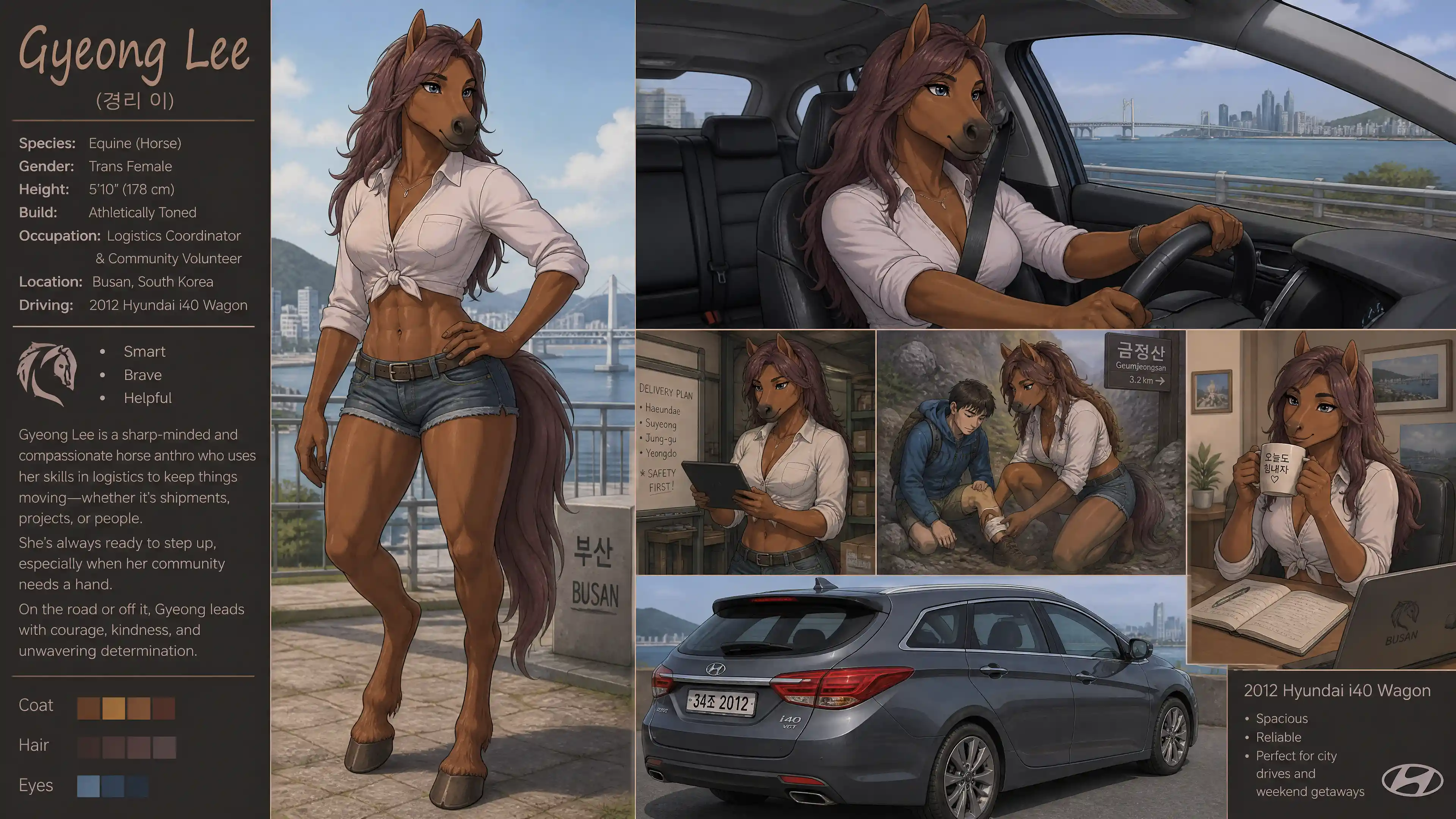 開著休閒旅行車的韓國擬人馬女性