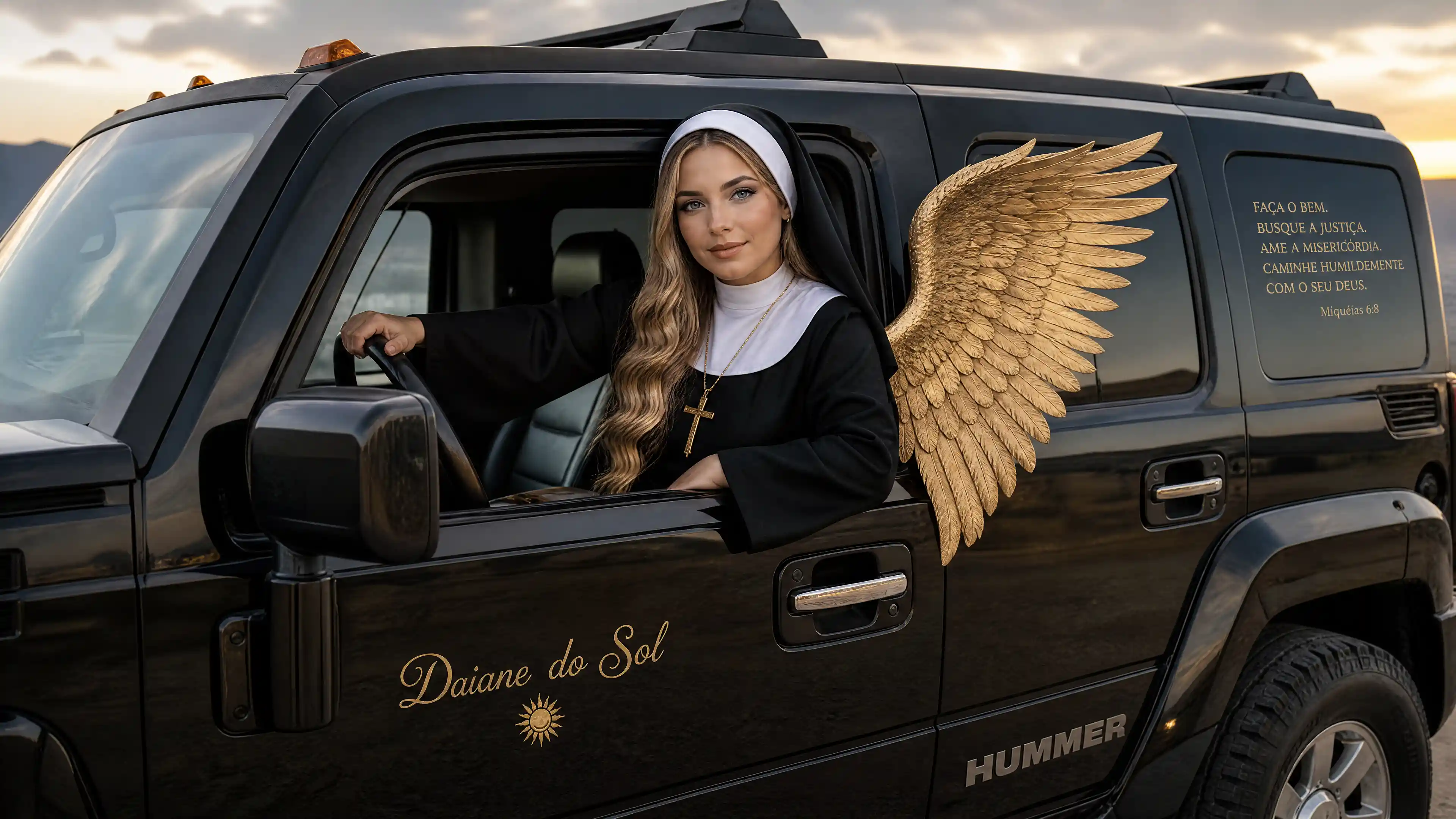Honey blonde nun driving a black hummer car