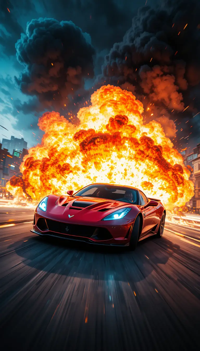 Red sports car racing through a fiery explosive scene