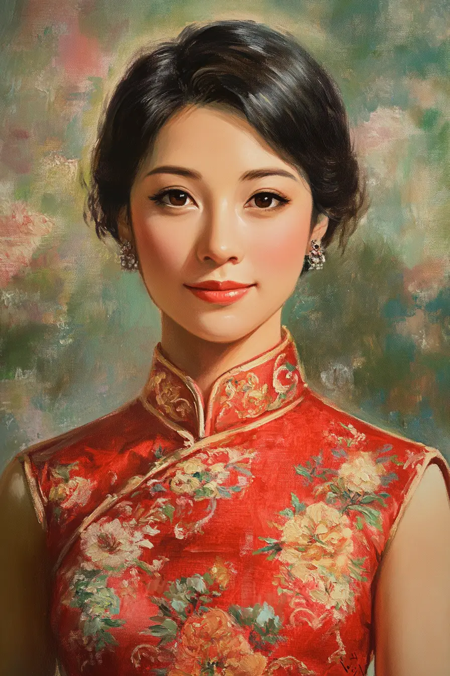 Oil portrait of a young woman in red qipao