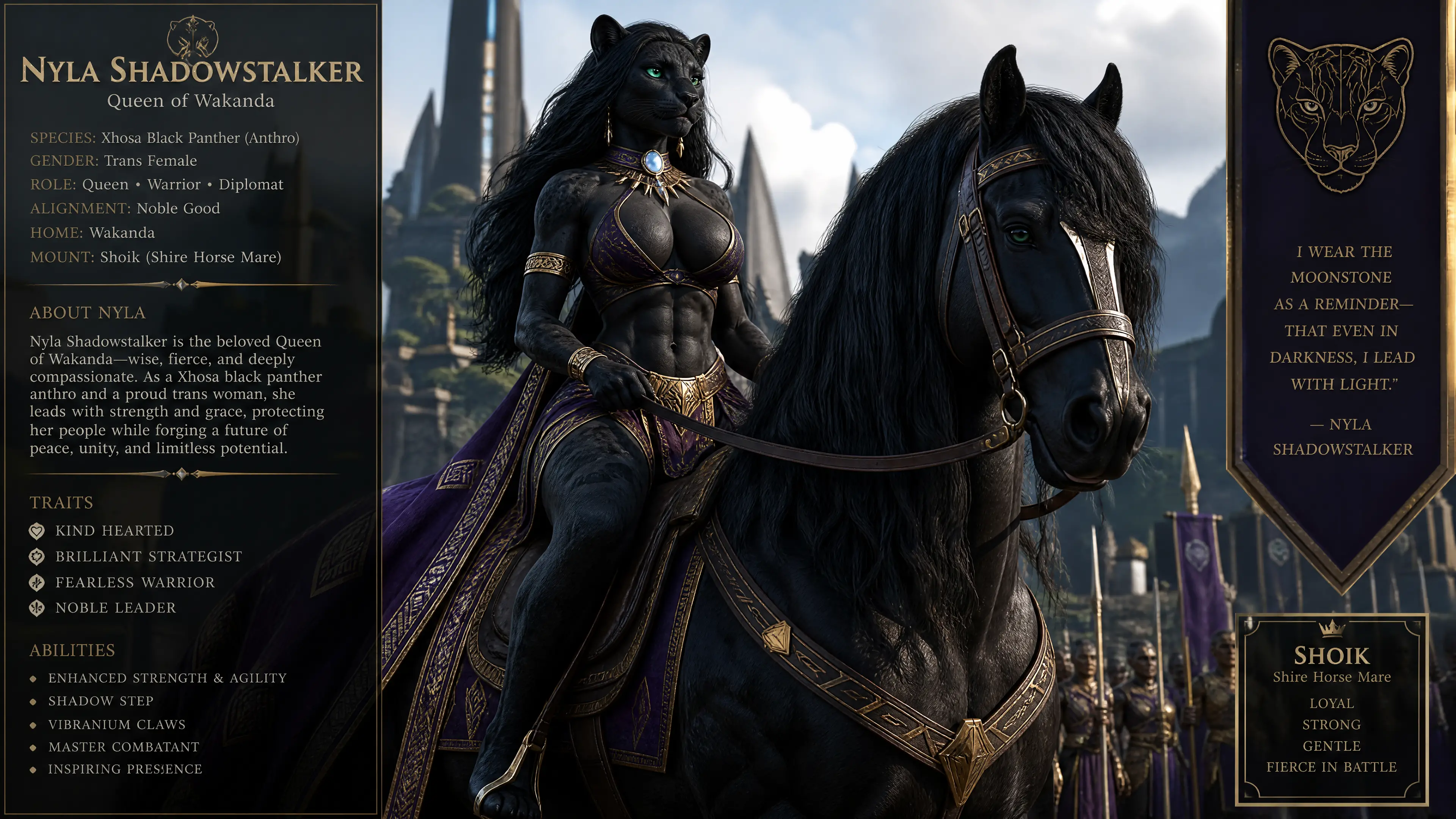Regale regina pantera che cavalca un possente cavallo shire nero
