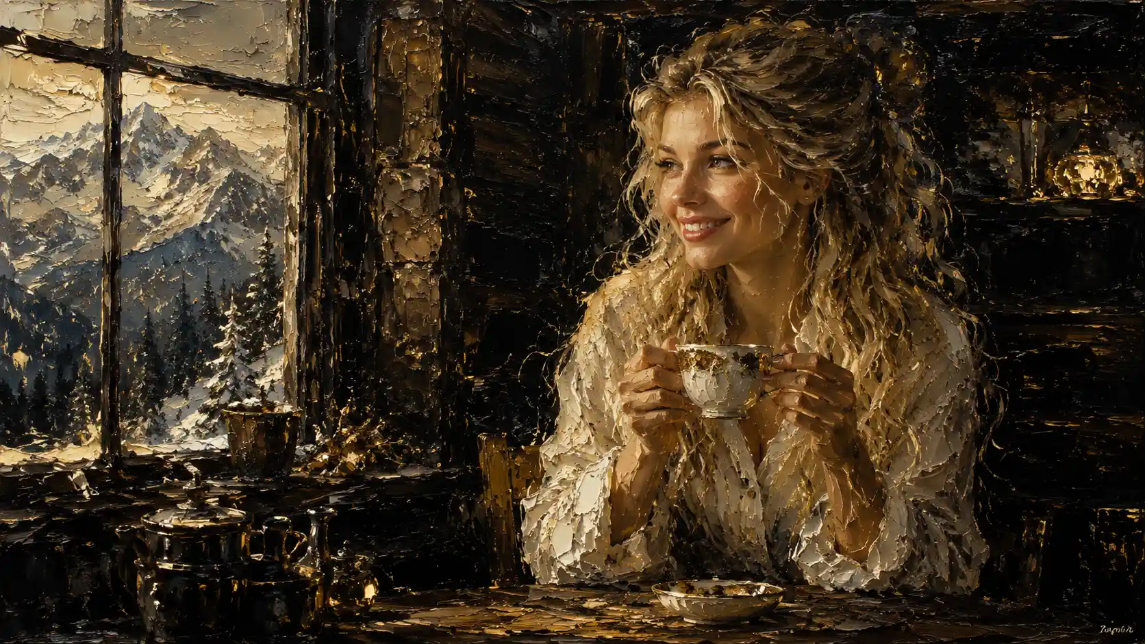 Smiling blonde woman with tea in a rustic cabin