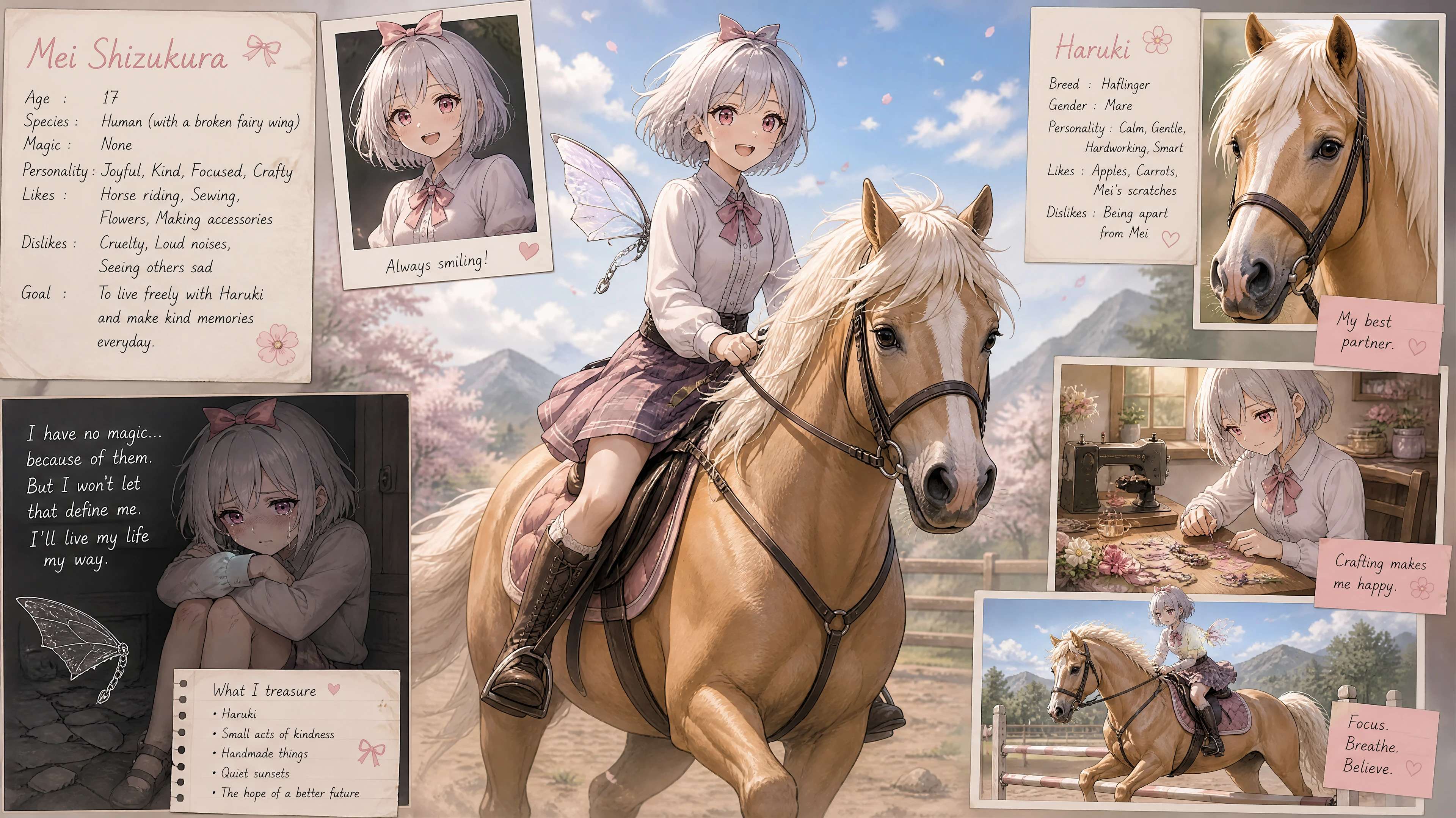 Joyful anime girl riding a haflinger horse mare