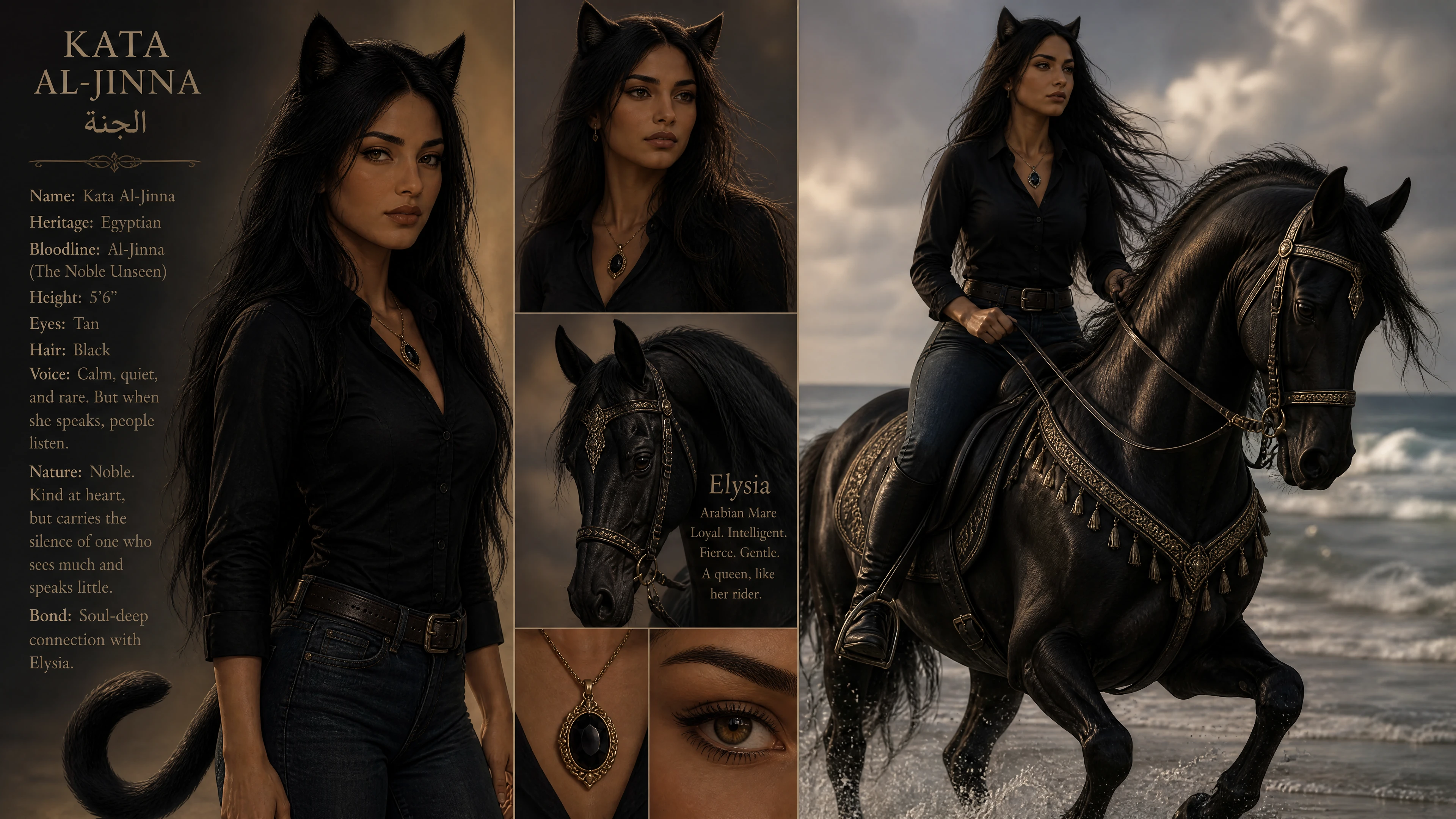 Fantasy woman with black lion features riding an arabian horse