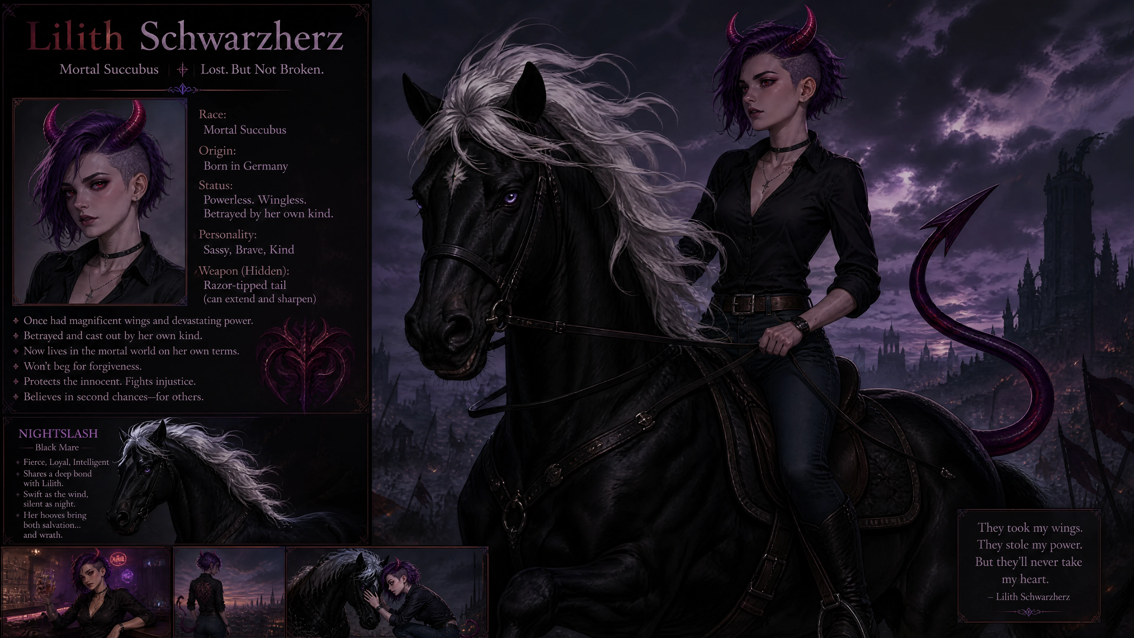 Horned succubus woman riding a black horse
