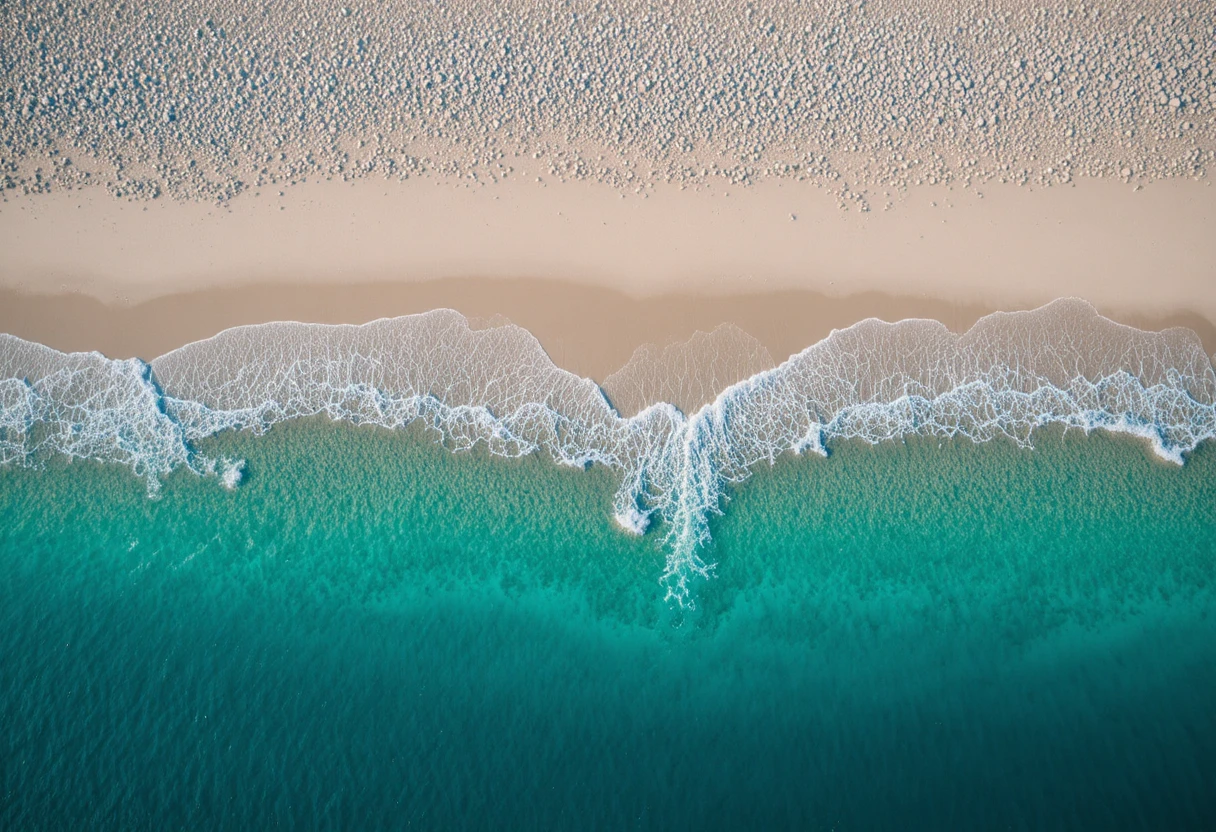 Aerial view of white sand beach and turquoise sea at sunset