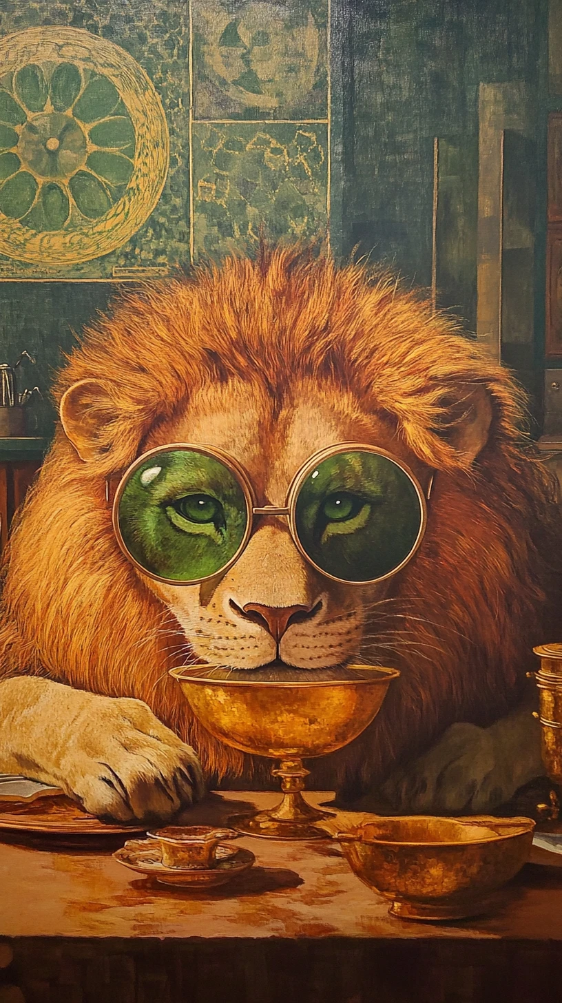 Lion with round glasses drinking from a golden bowl