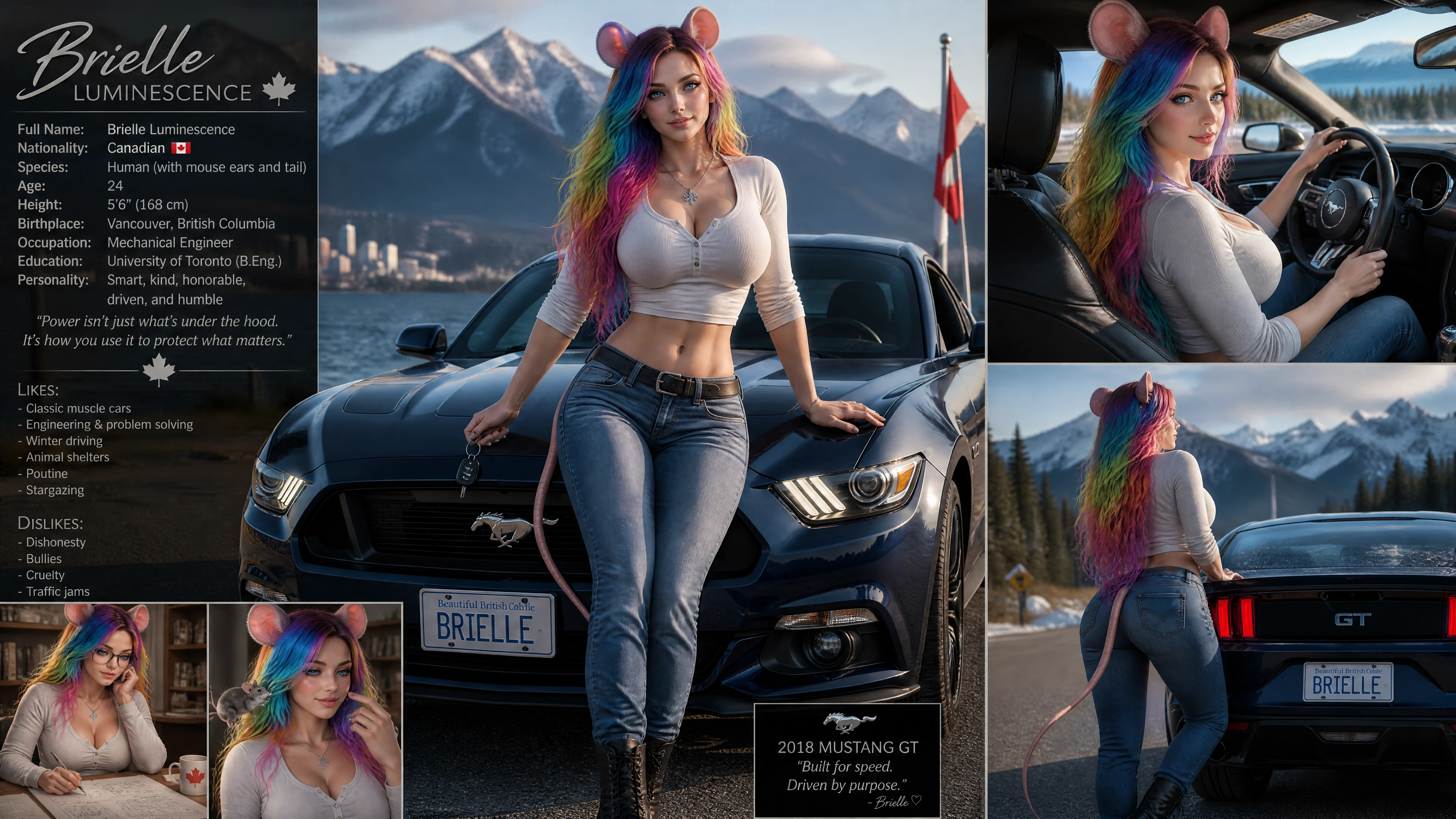 Donna dai capelli colorati e orecchie da topo alla guida di una muscle car