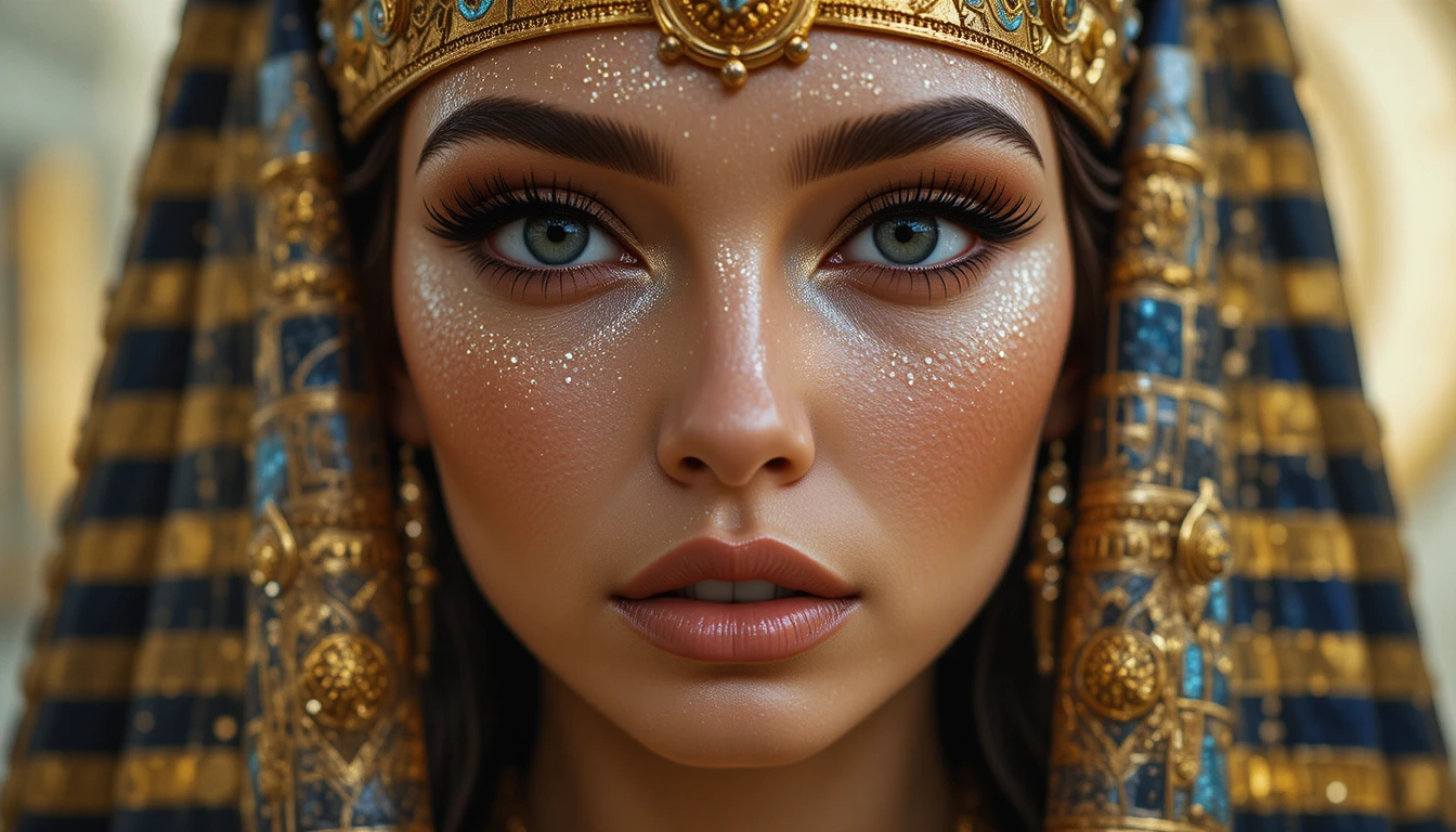Close up of an ancient Egyptian queen in glittering dress
