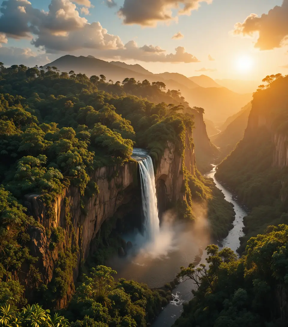 Aerial view of mountain waterfall at golden hour