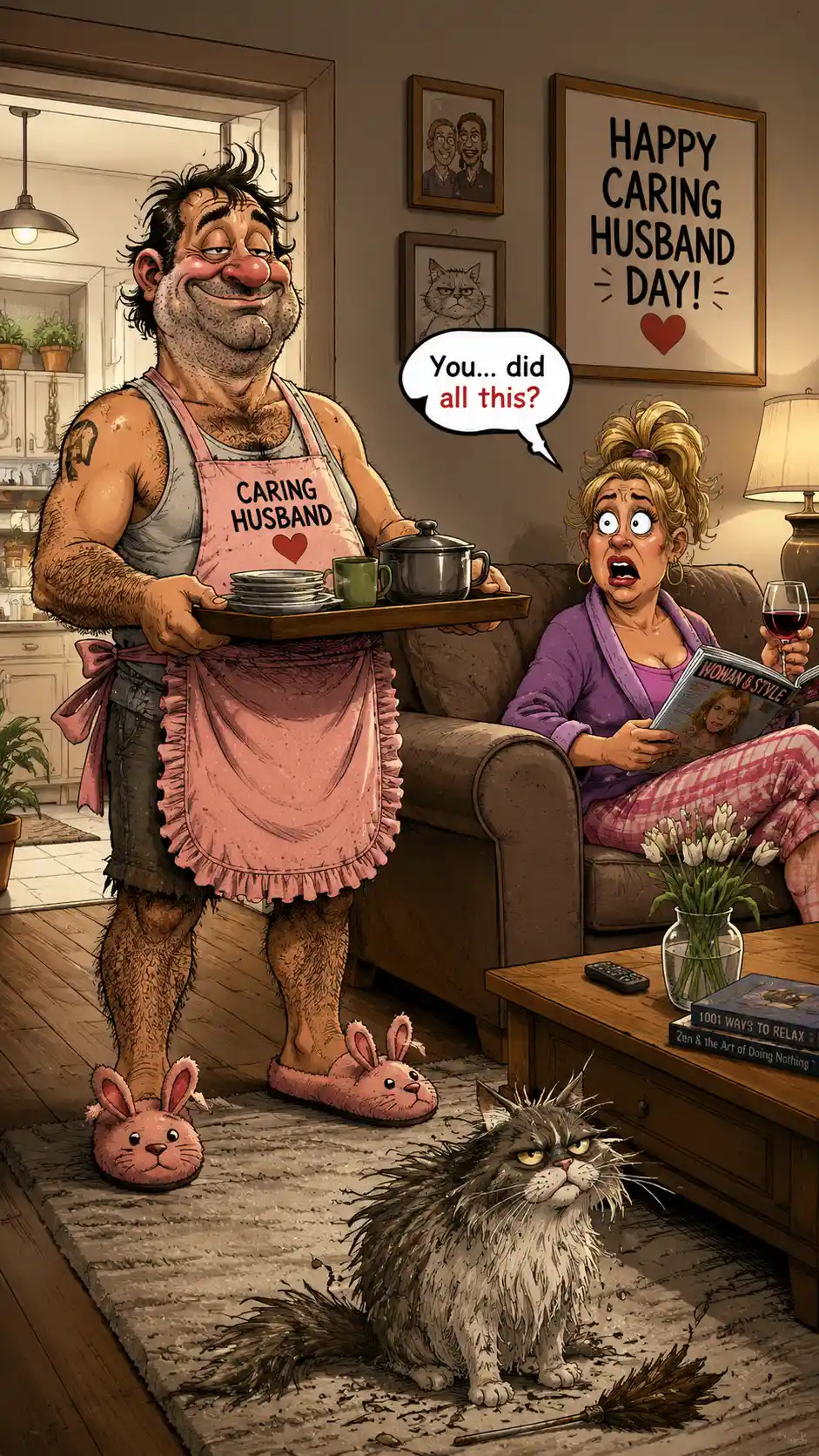 Goofy husband in apron serving food to a surprised wife