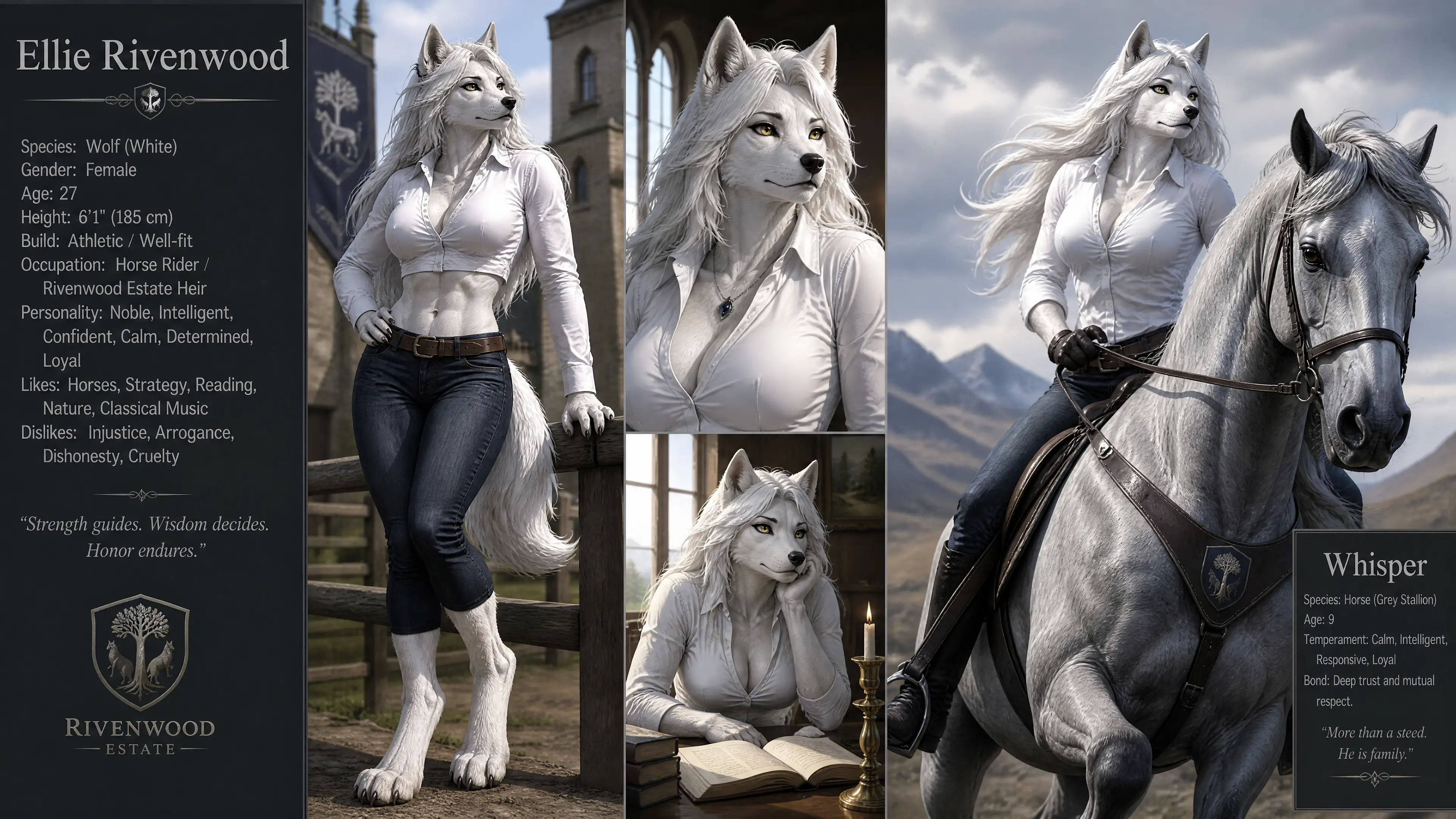 Anthro white wolf woman riding a grey horse stallion