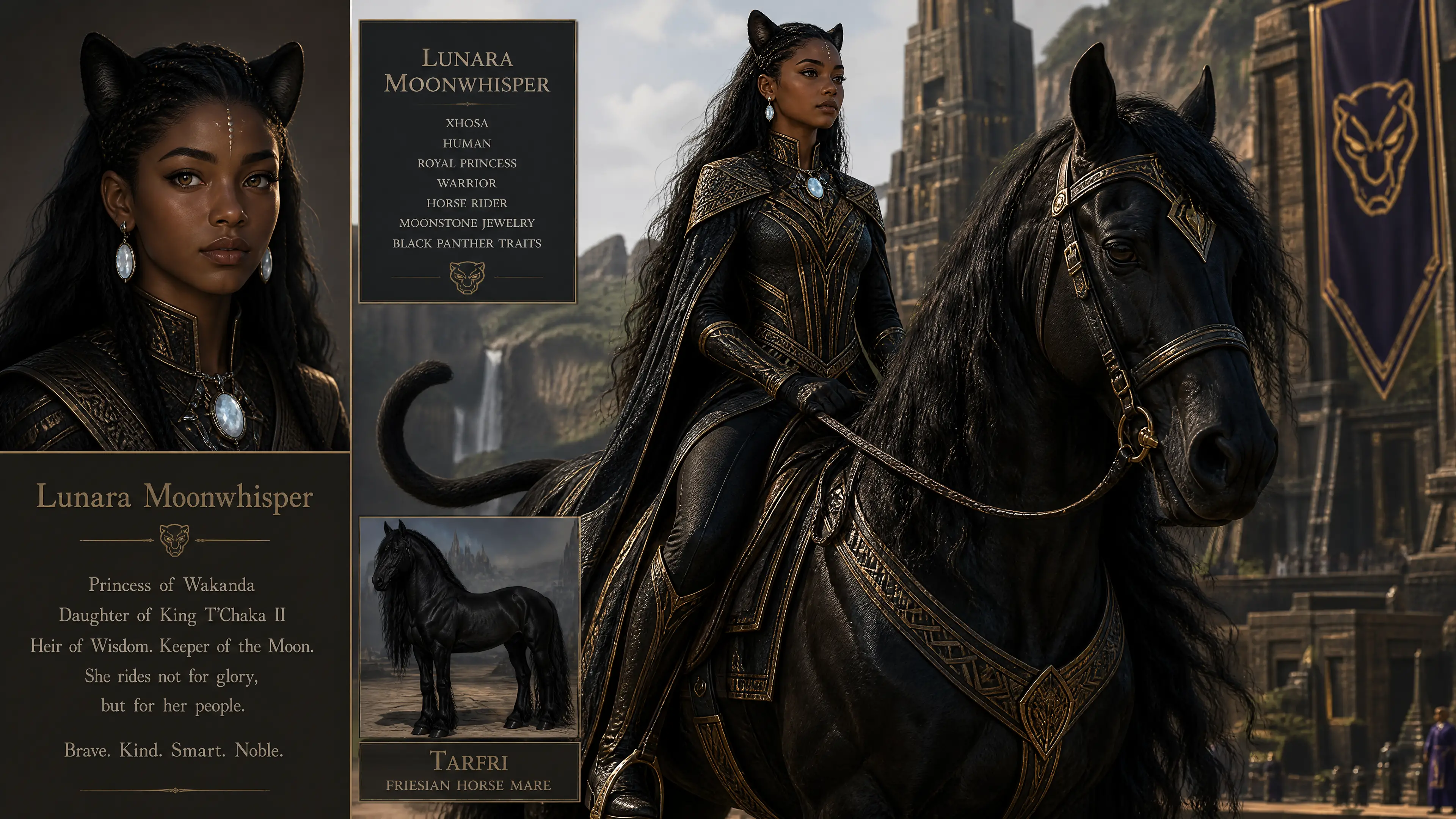 Xhosa princess rider with panther features on black horse