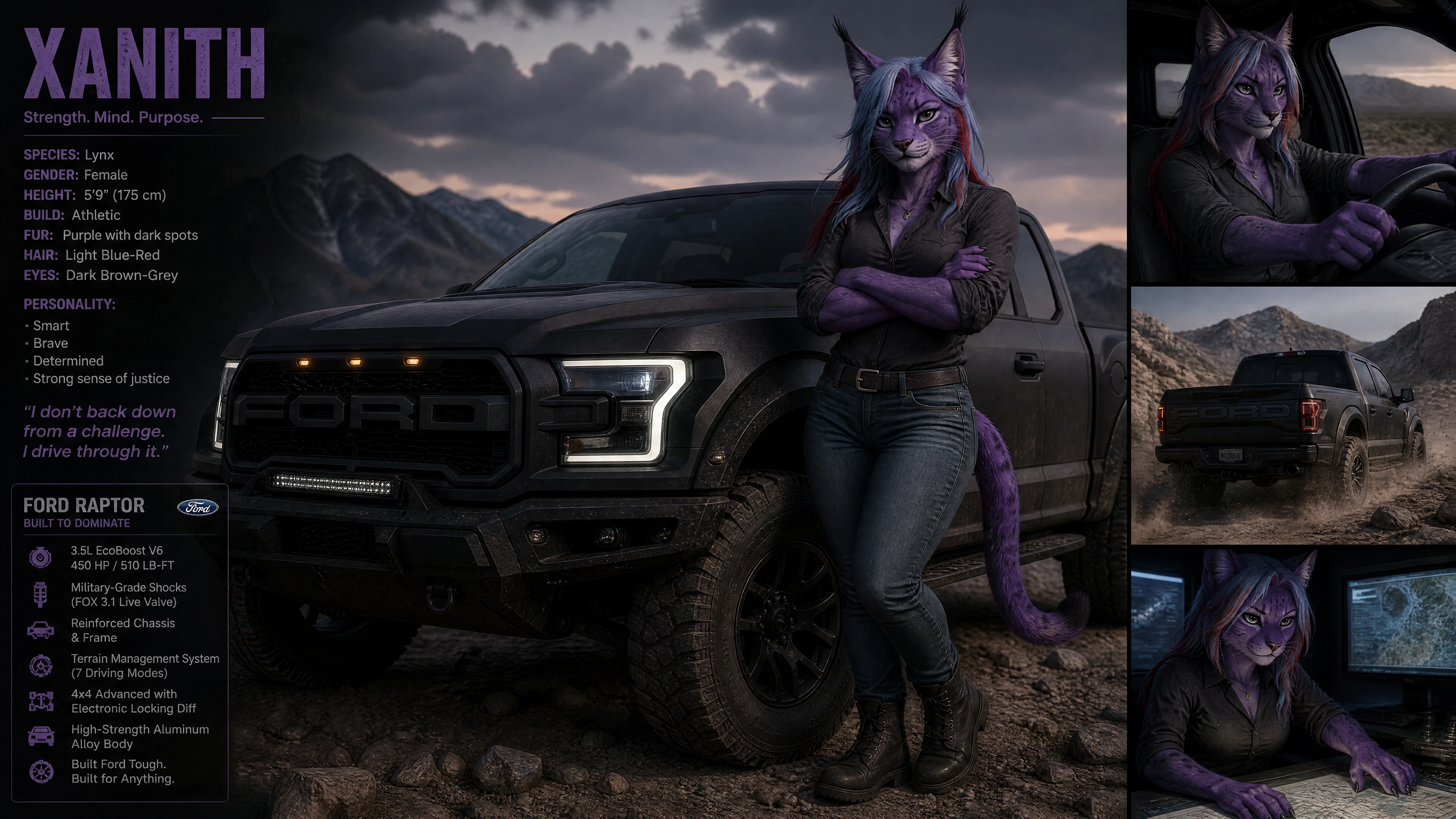 Anthro purple lynx woman driving a matte black truck