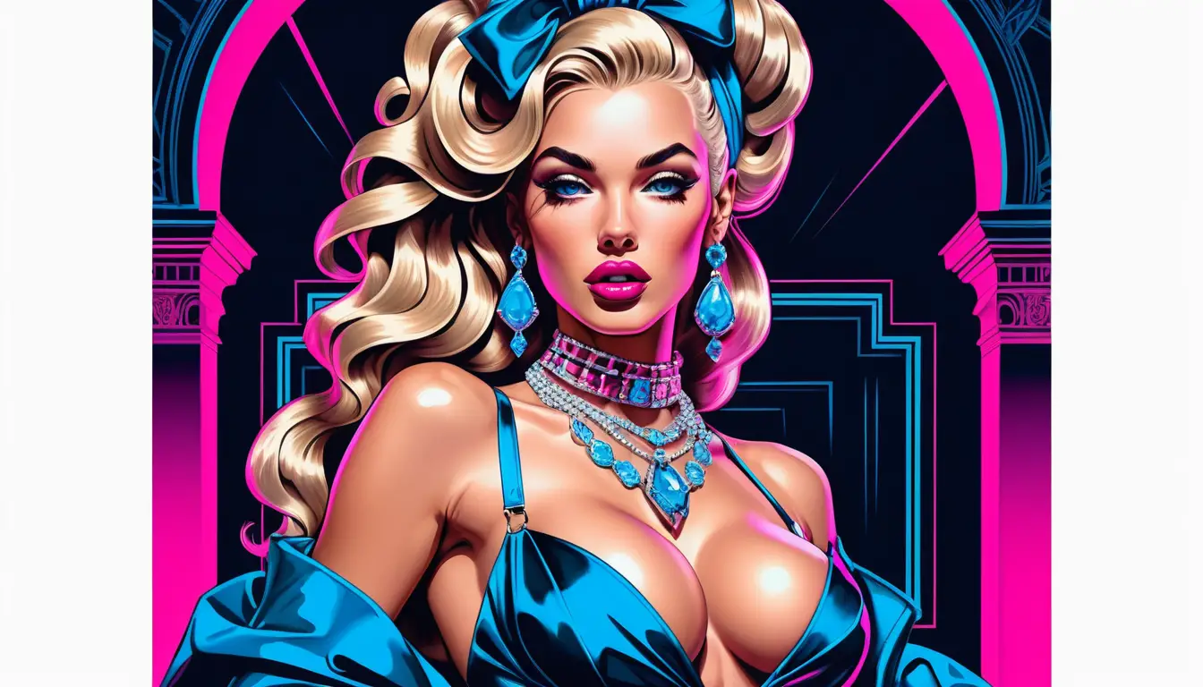 Neon lit fashion goddess in baroque courtesan pinup pose