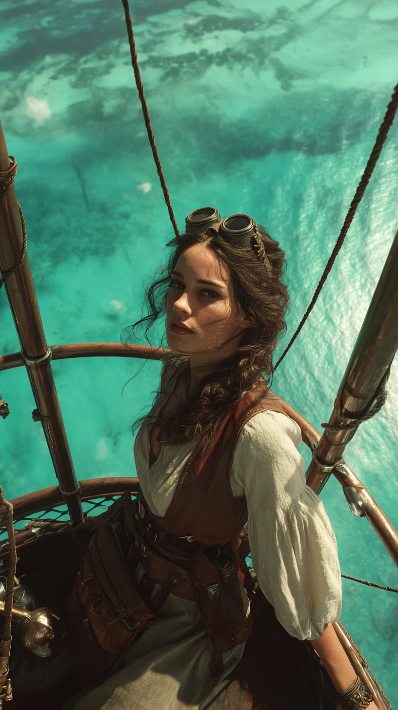 Donna su aeronave steampunk sopra un mare turchese vivido