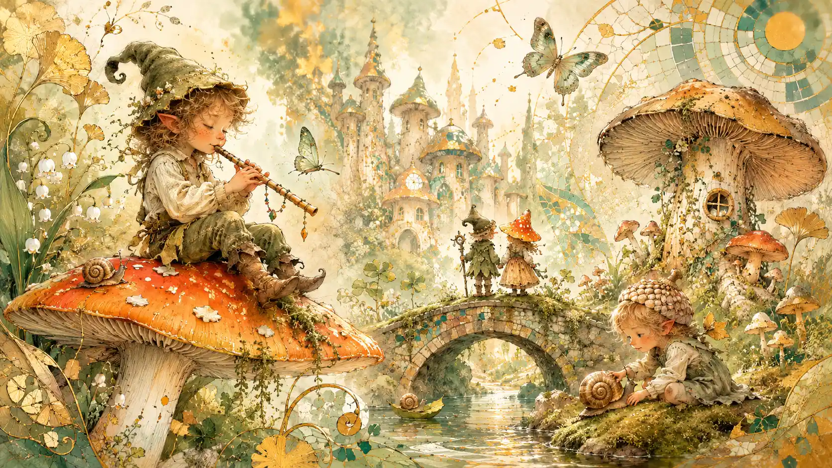 Foresta fantastica di funghi con delicati mosaici dorati e verde chiaro