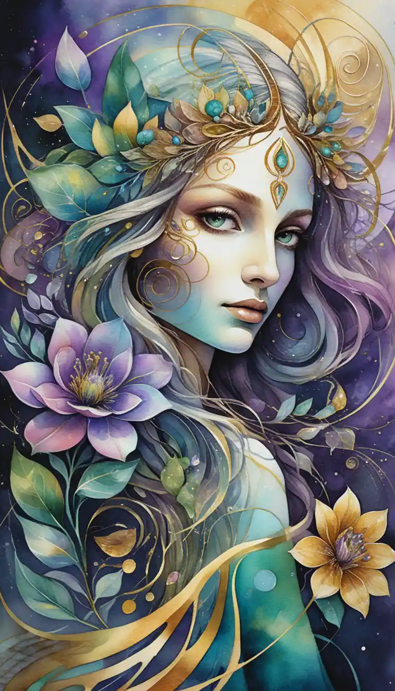 Fantasy woman with flowers in golden harmonic aura