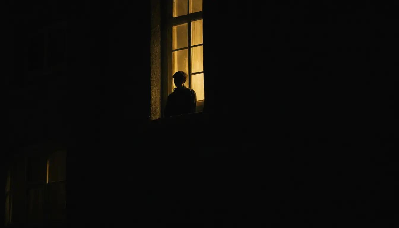 Dark figure watching a dimly lit window at night