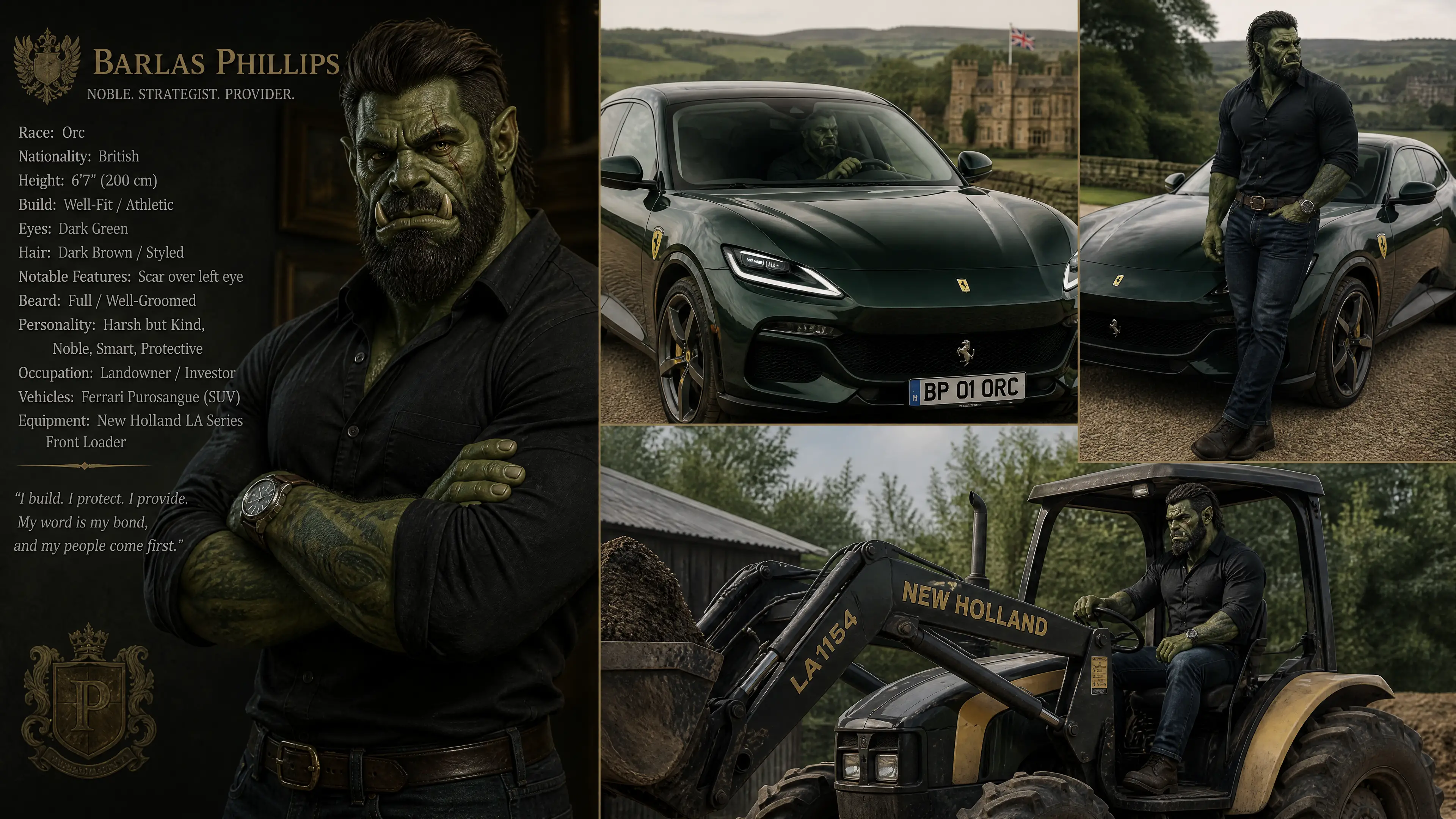 Green orc driver with scarred eye in a modern suv