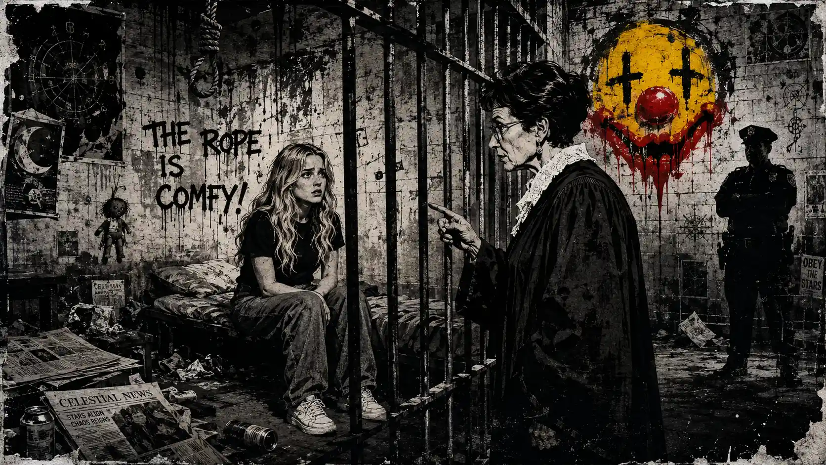 Scared blonde woman sitting on a grimy prison bed
