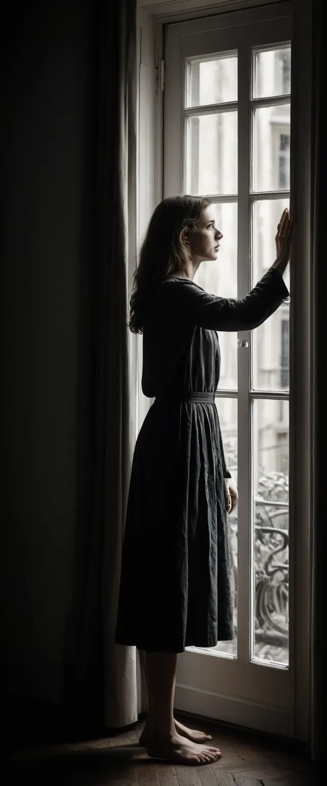Woman frozen at a window facing a monstrous street shadow