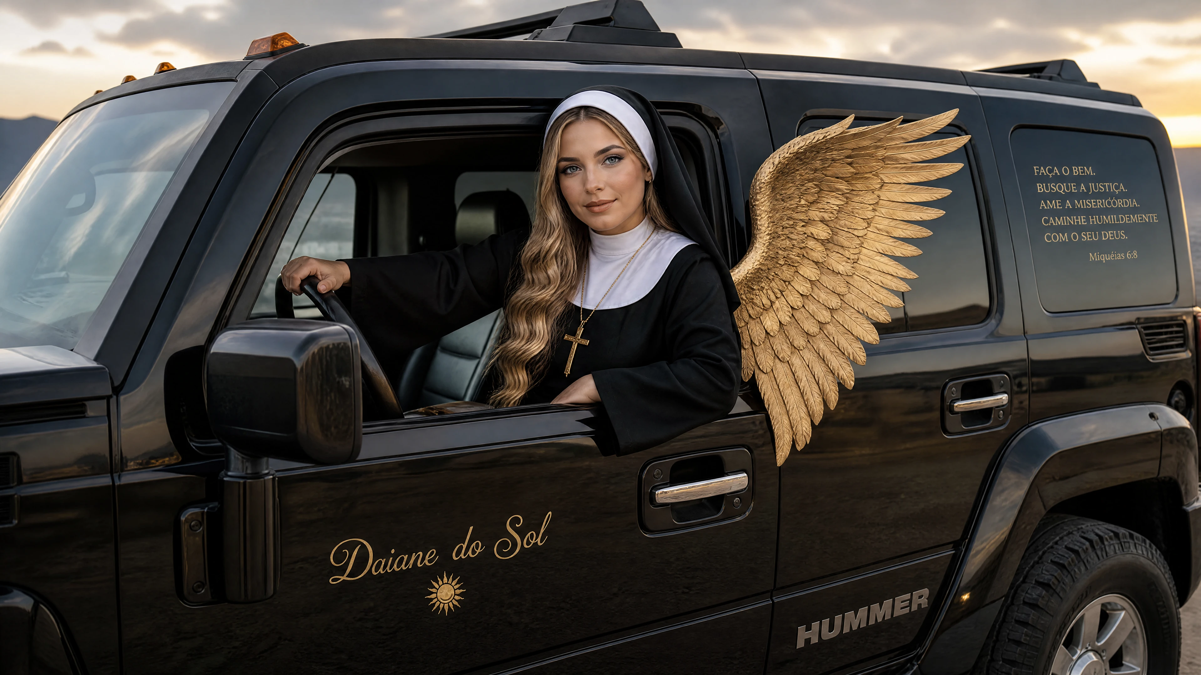 Honey blonde nun driving a black hummer car