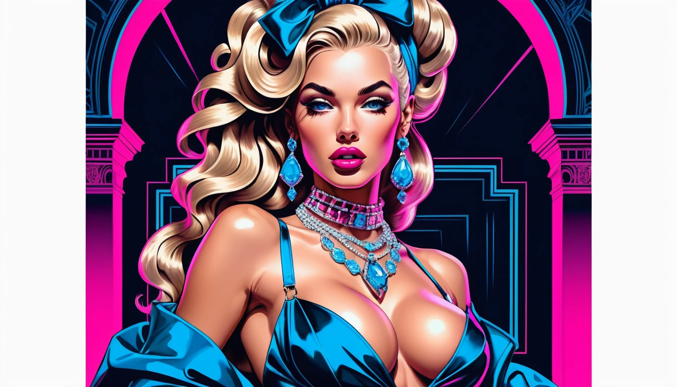 Neon lit fashion goddess in baroque courtesan pinup pose