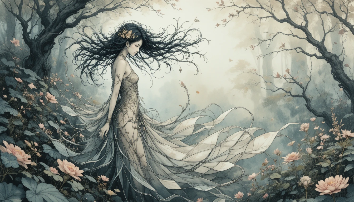Ethereal woman in flowing garments in a mystical forest