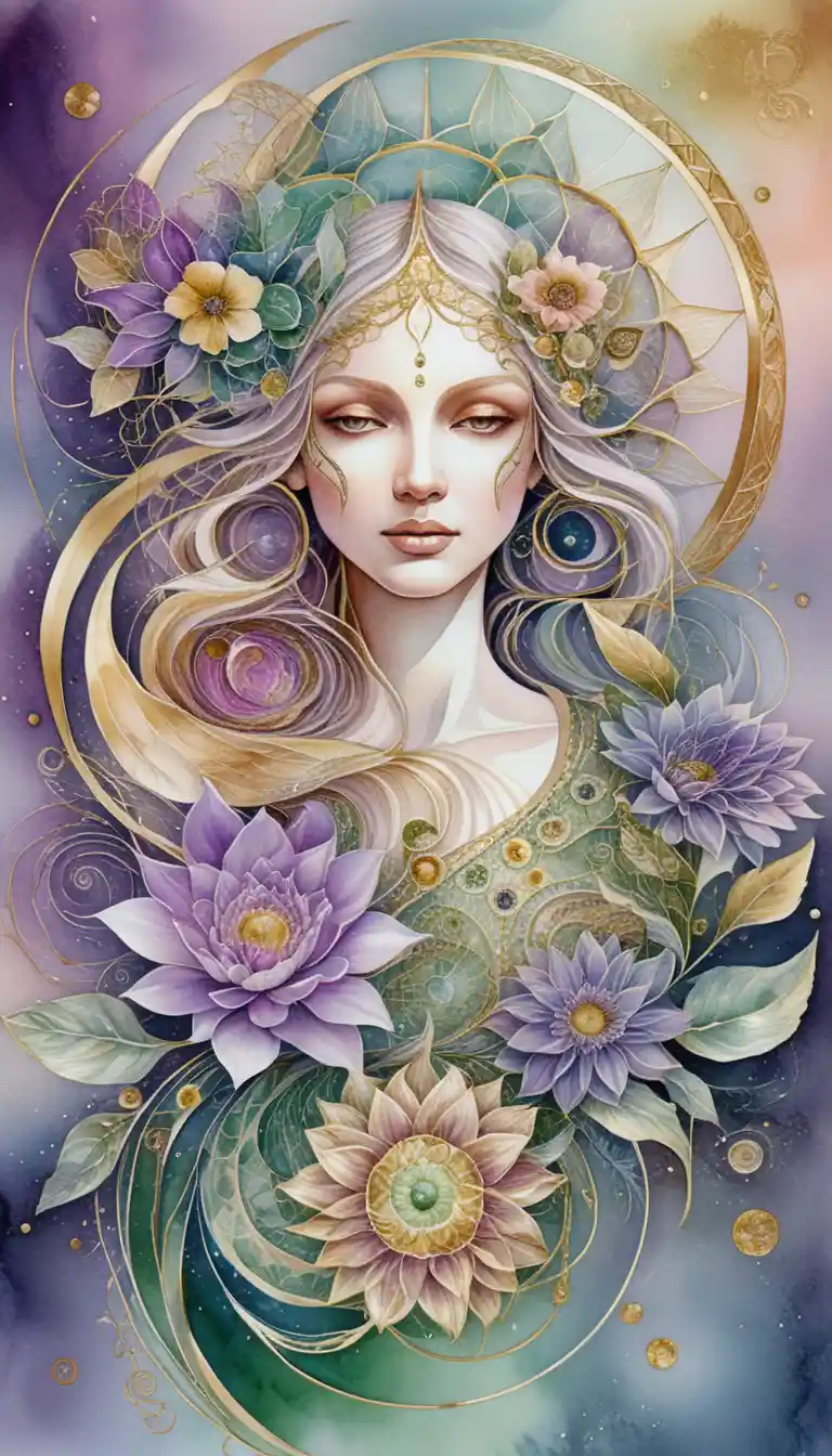 Fantasy woman with floral golden harmonic aura
