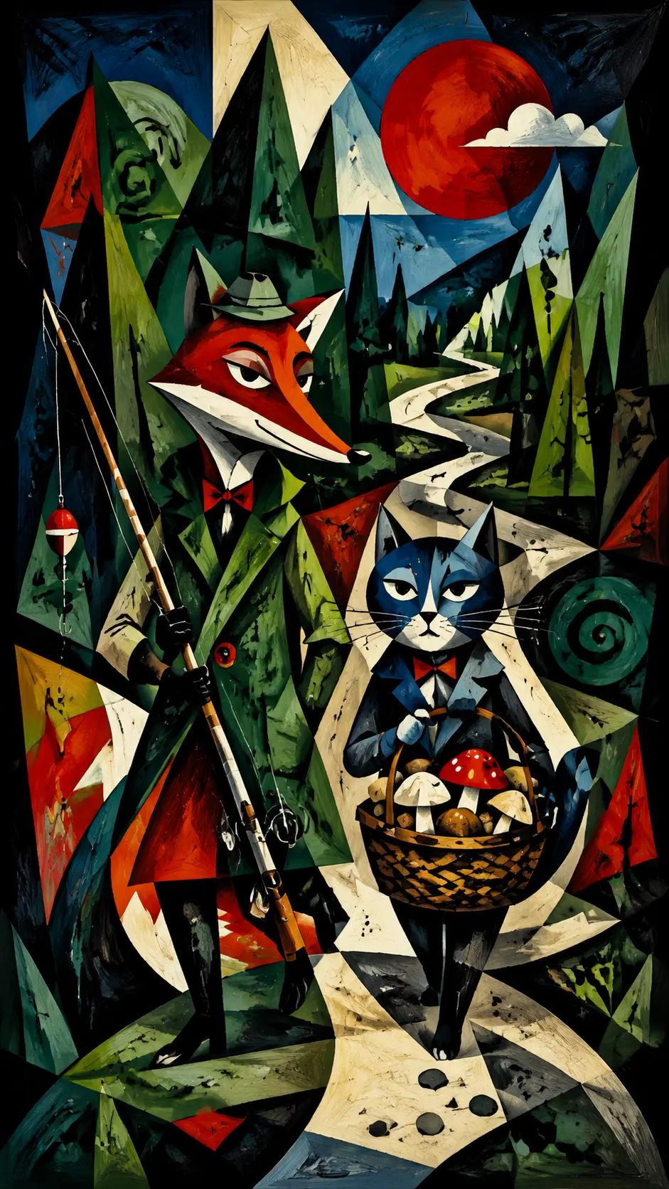 Surreal fox and cat walking together along a forest path
