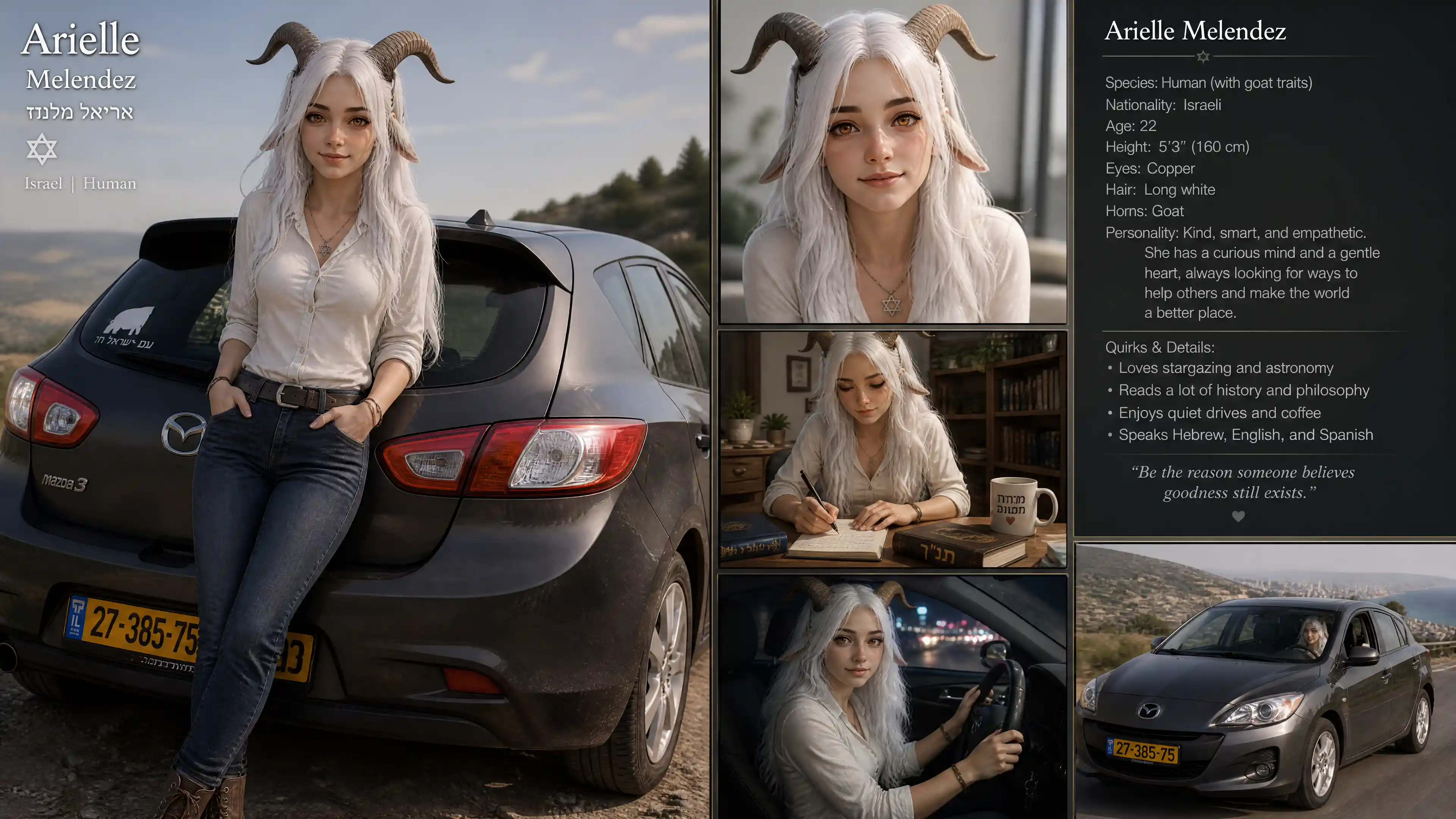 Donna fantasy con corna di capra che guida una piccola auto hatchback