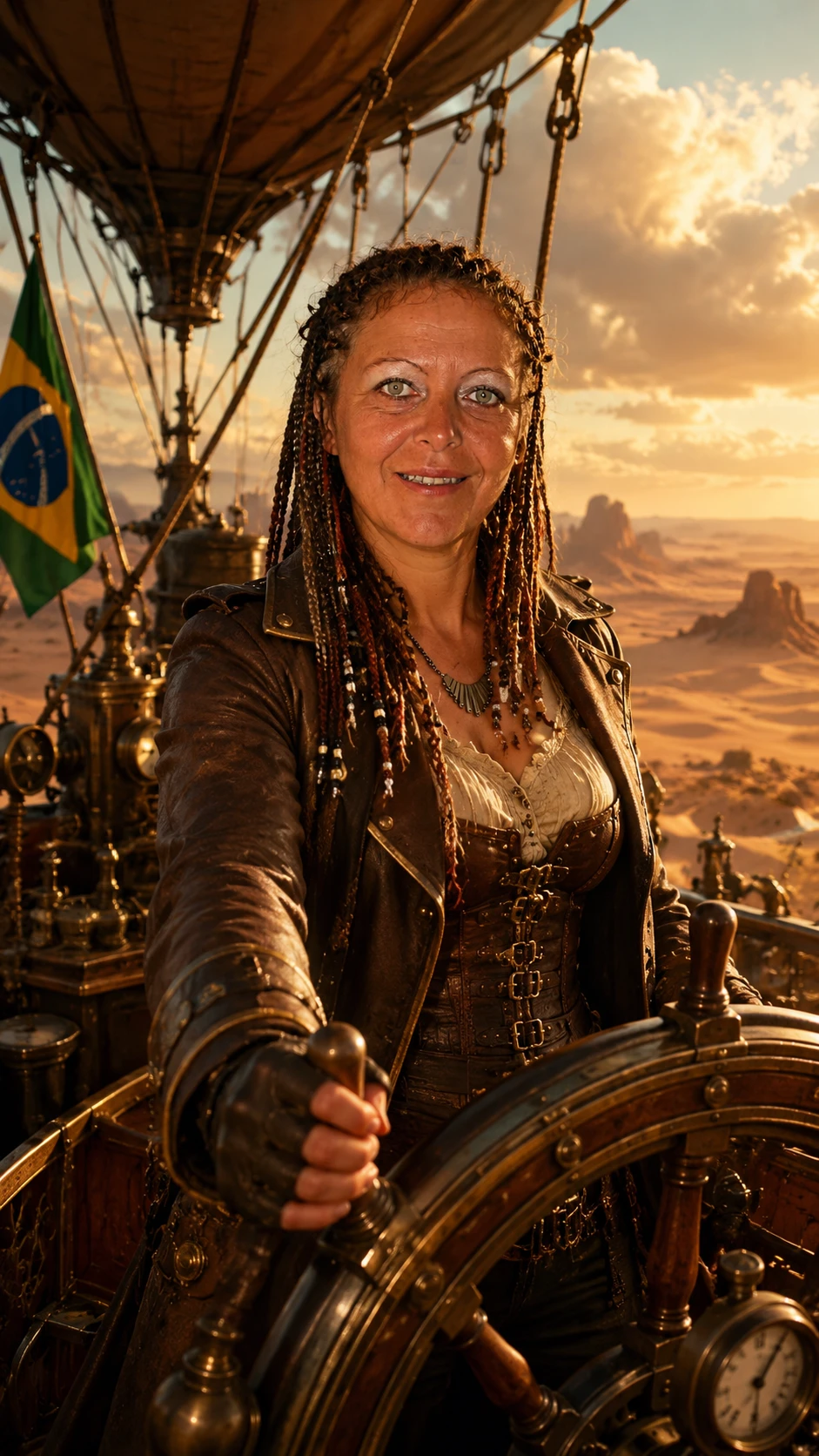 Hopeful woman guiding a steampunk airship over desert
