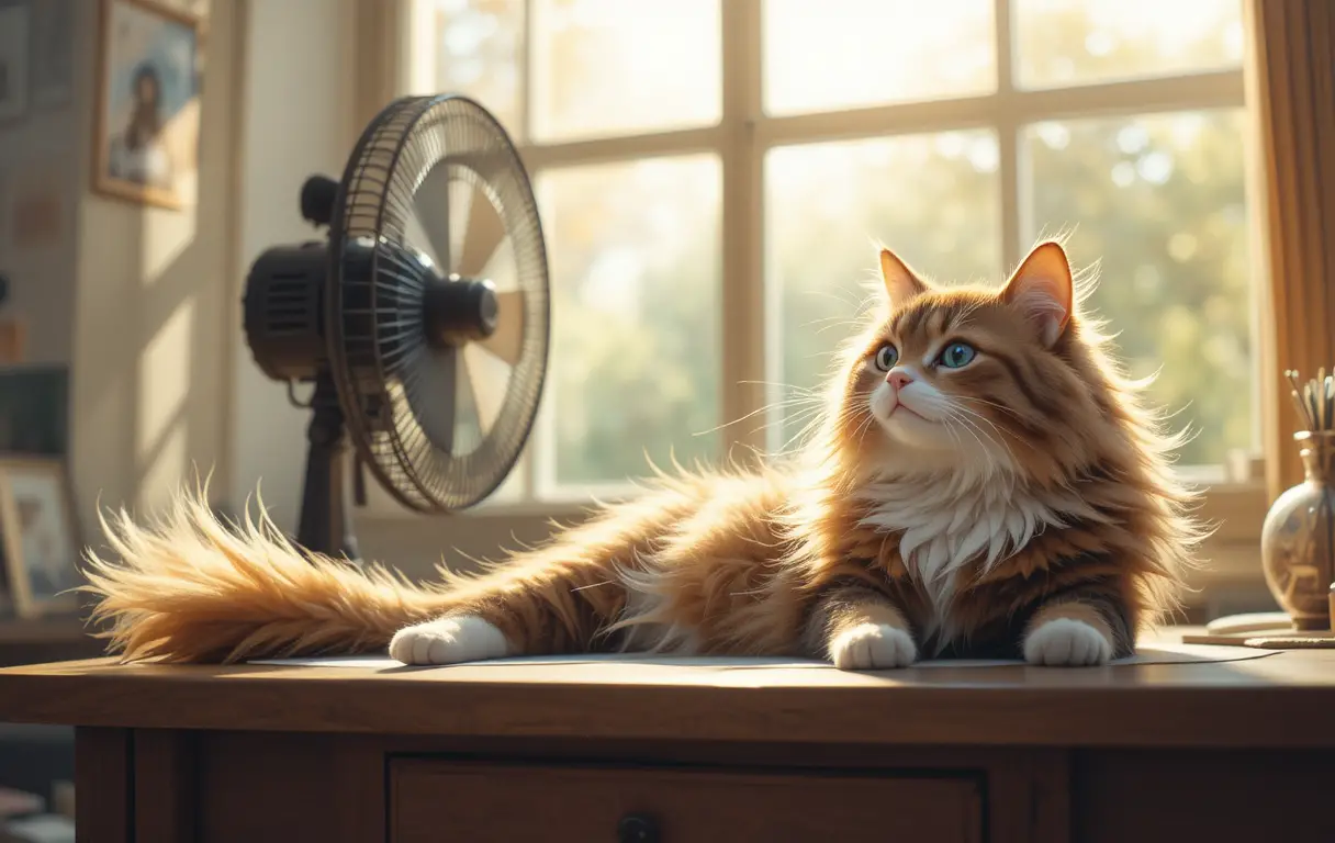 Norwegian forest cat relaxing in front of a fan