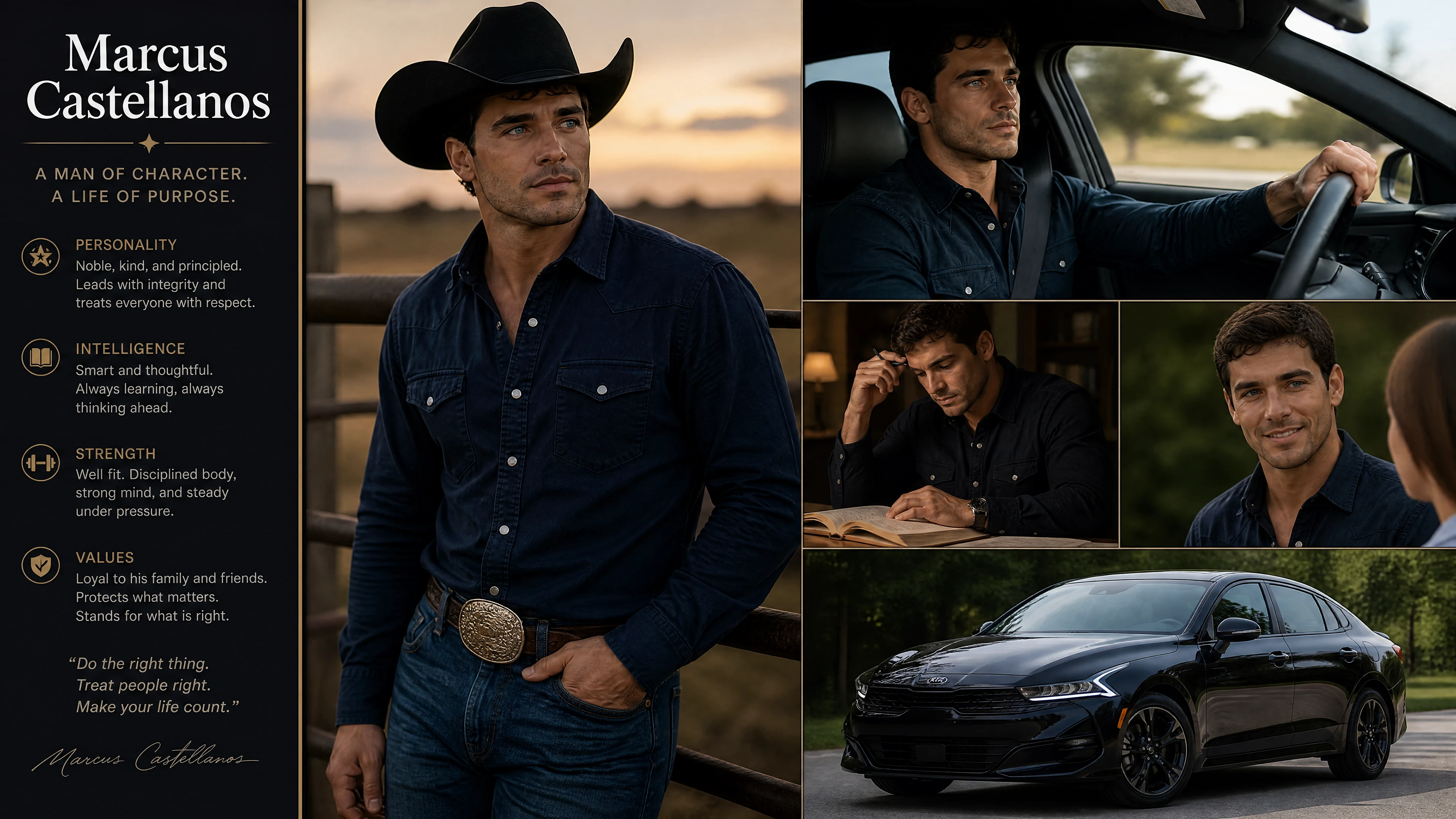 Fit blue eyed man in western clothes beside black sedan