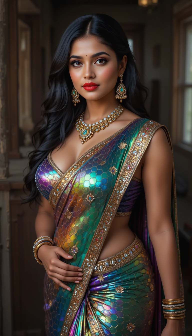 Tamil woman in glossy mirror saree bending in full length view