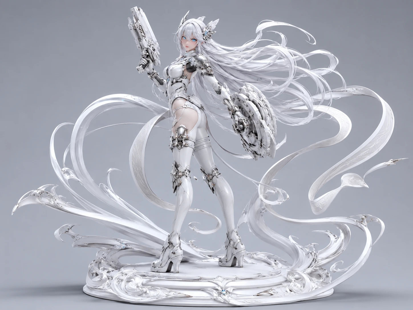 Figura femminile sci-fi con capelli argento e occhio blu luminoso