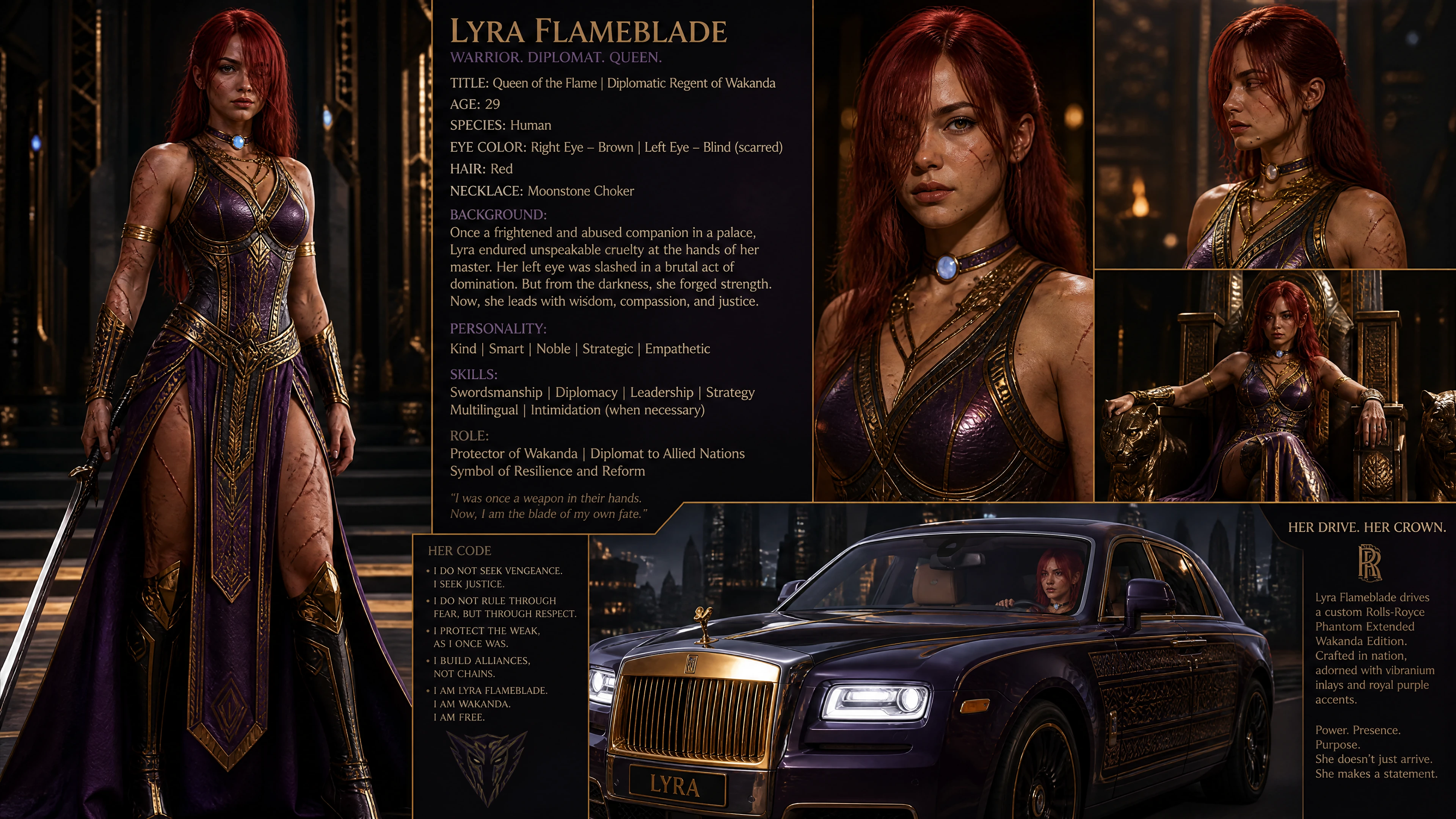 Scarred red haired warrior woman with blind eye and choker