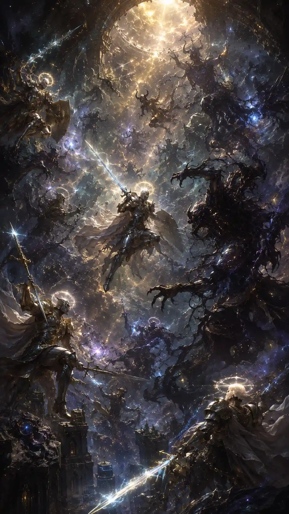 Cavalieri celestiali in lotta contro demoni d’ombra in un cielo cosmico