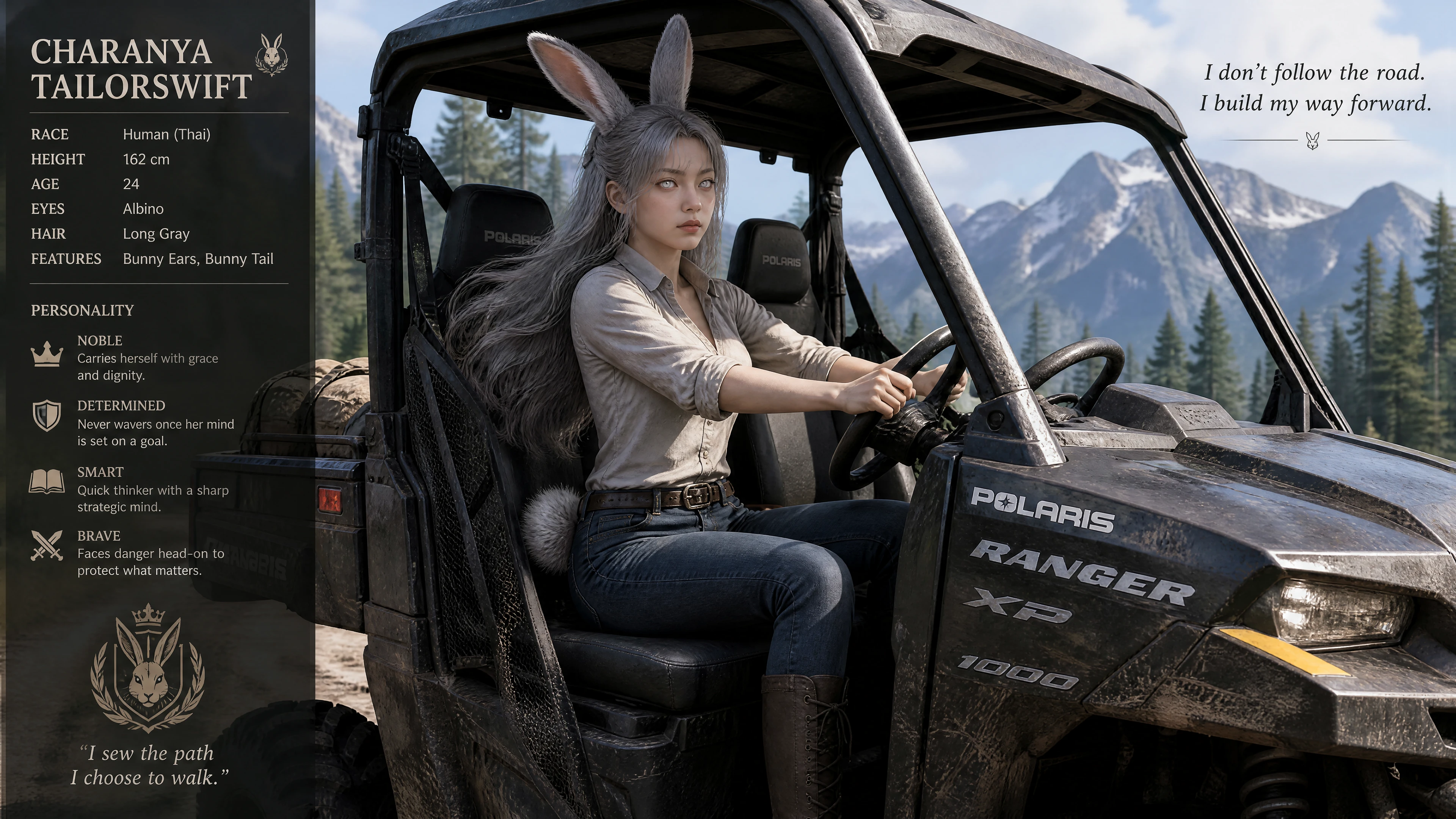 Brave bunny eared woman driving an offroad utility vehicle