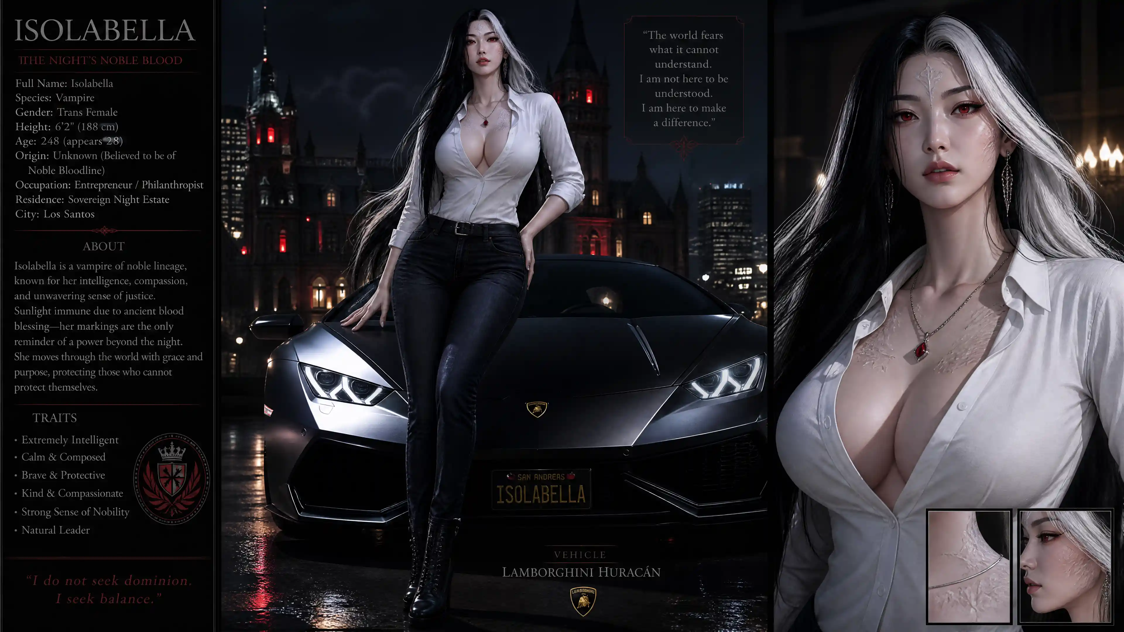 Nobile vampira asiatica dai lunghi capelli in un’auto sportiva