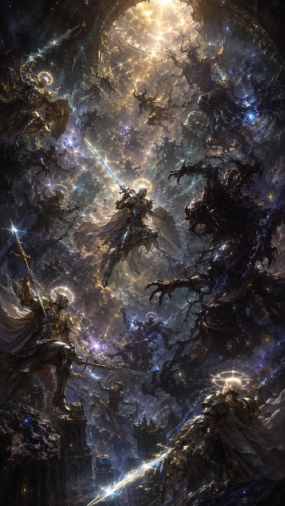 Cavalieri celestiali in lotta contro demoni d’ombra in un cielo cosmico